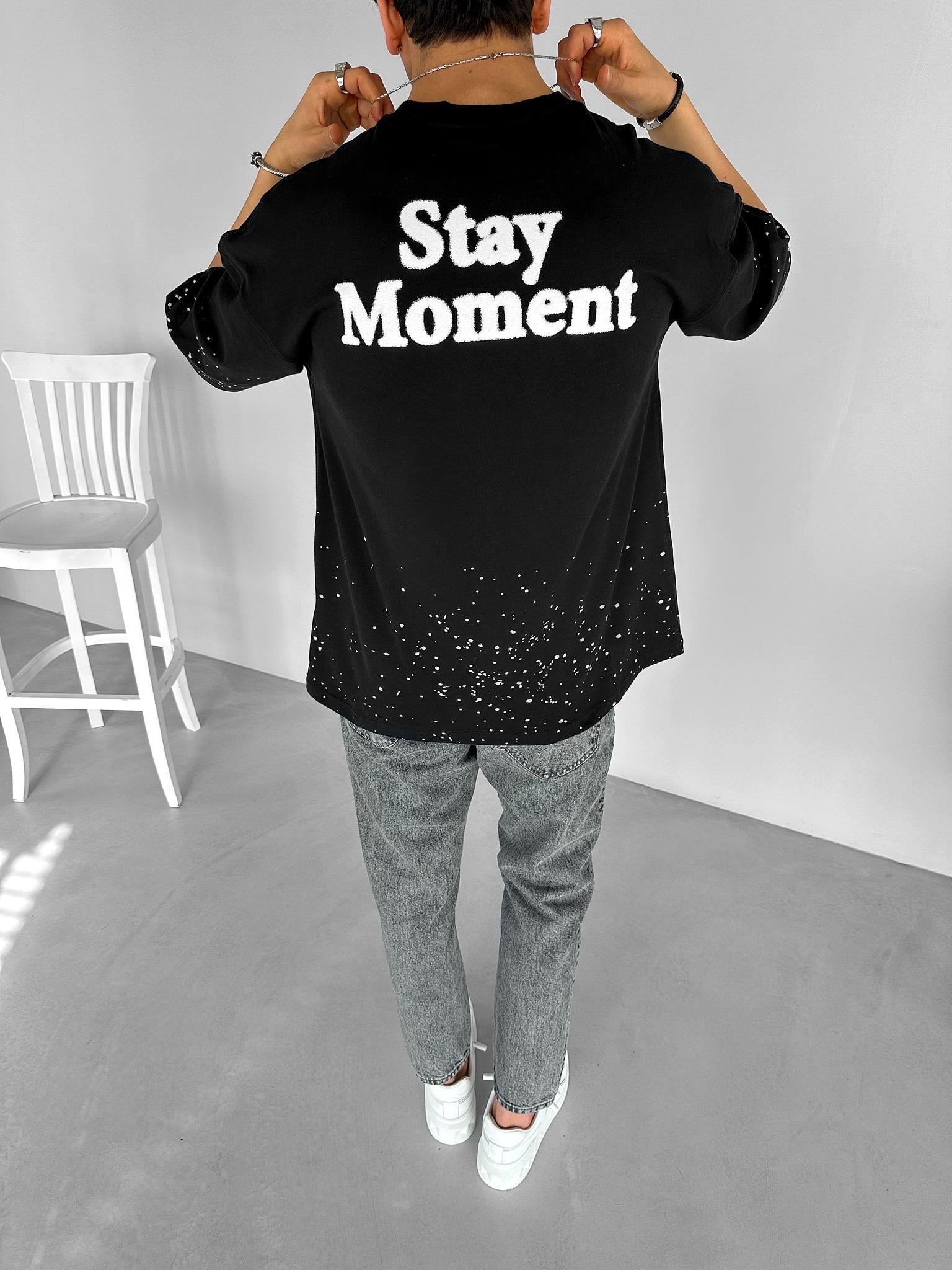 Oversize Dokulu Baskılı %100 Pamuk T-Shirt Siyah