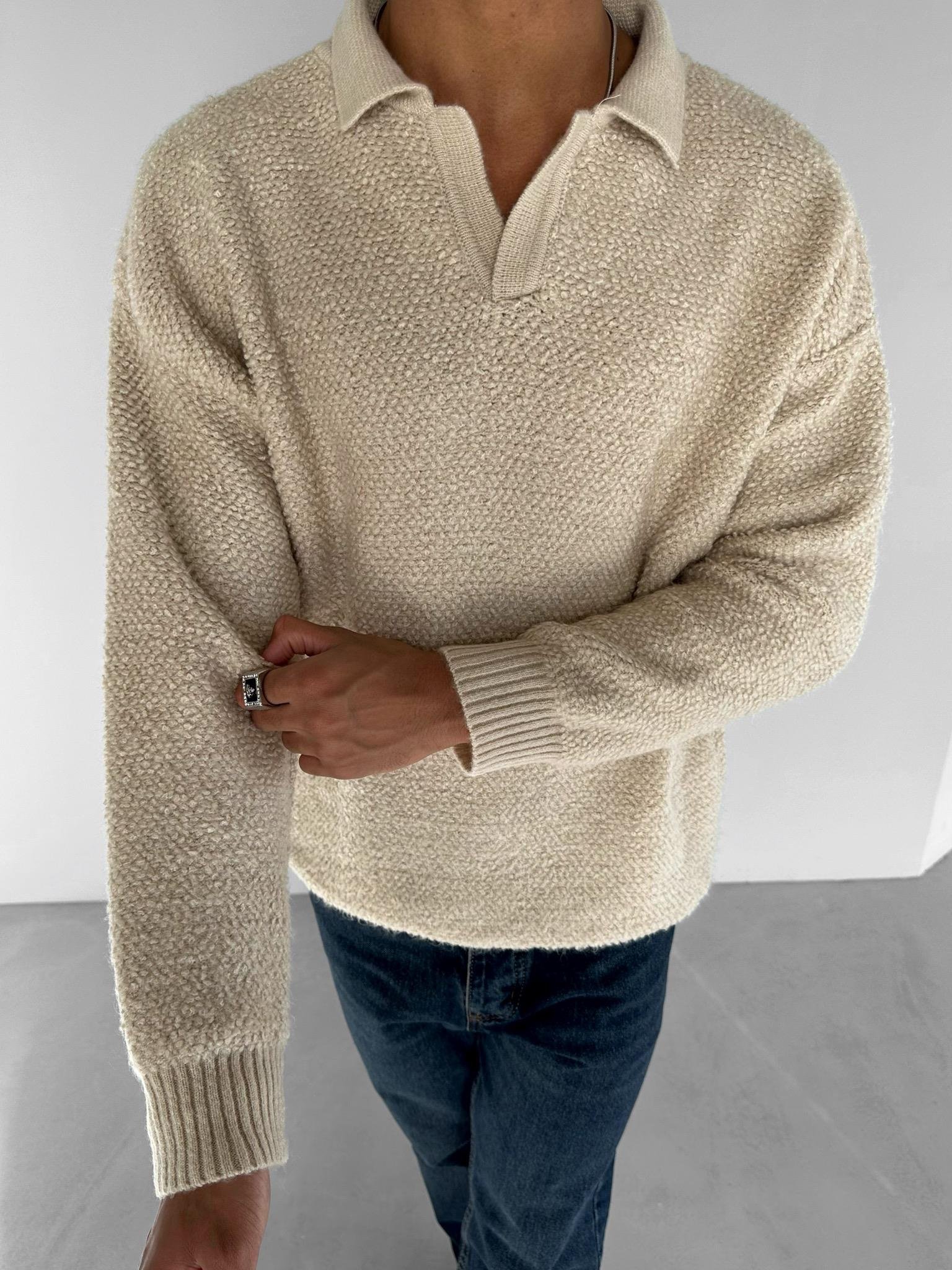 Oversize Dokulu Kazak Bej