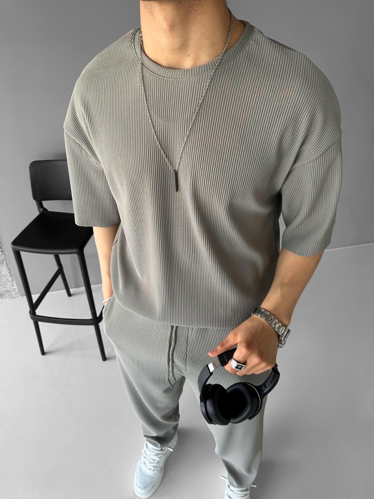 Oversize Dökümlü Yazlık Fitilli Bisiklet Yaka T-Shirt Yeşil