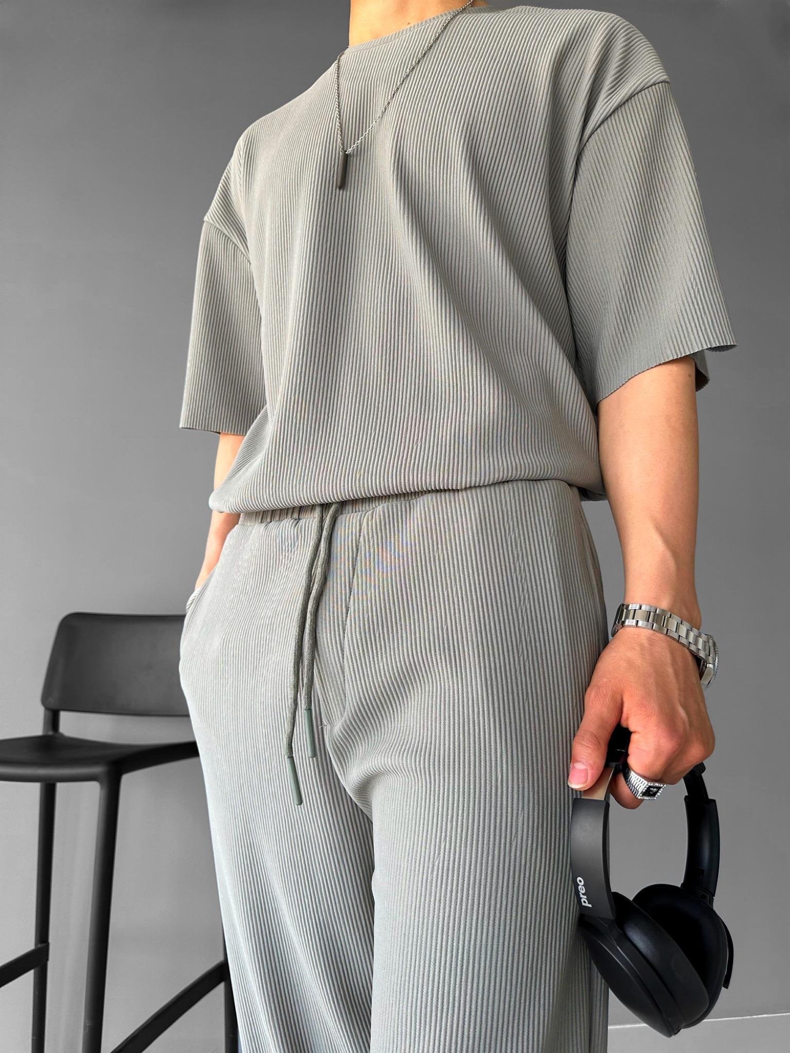 Oversize Dökümlü Yazlık Fitilli Bisiklet Yaka T-Shirt Yeşil