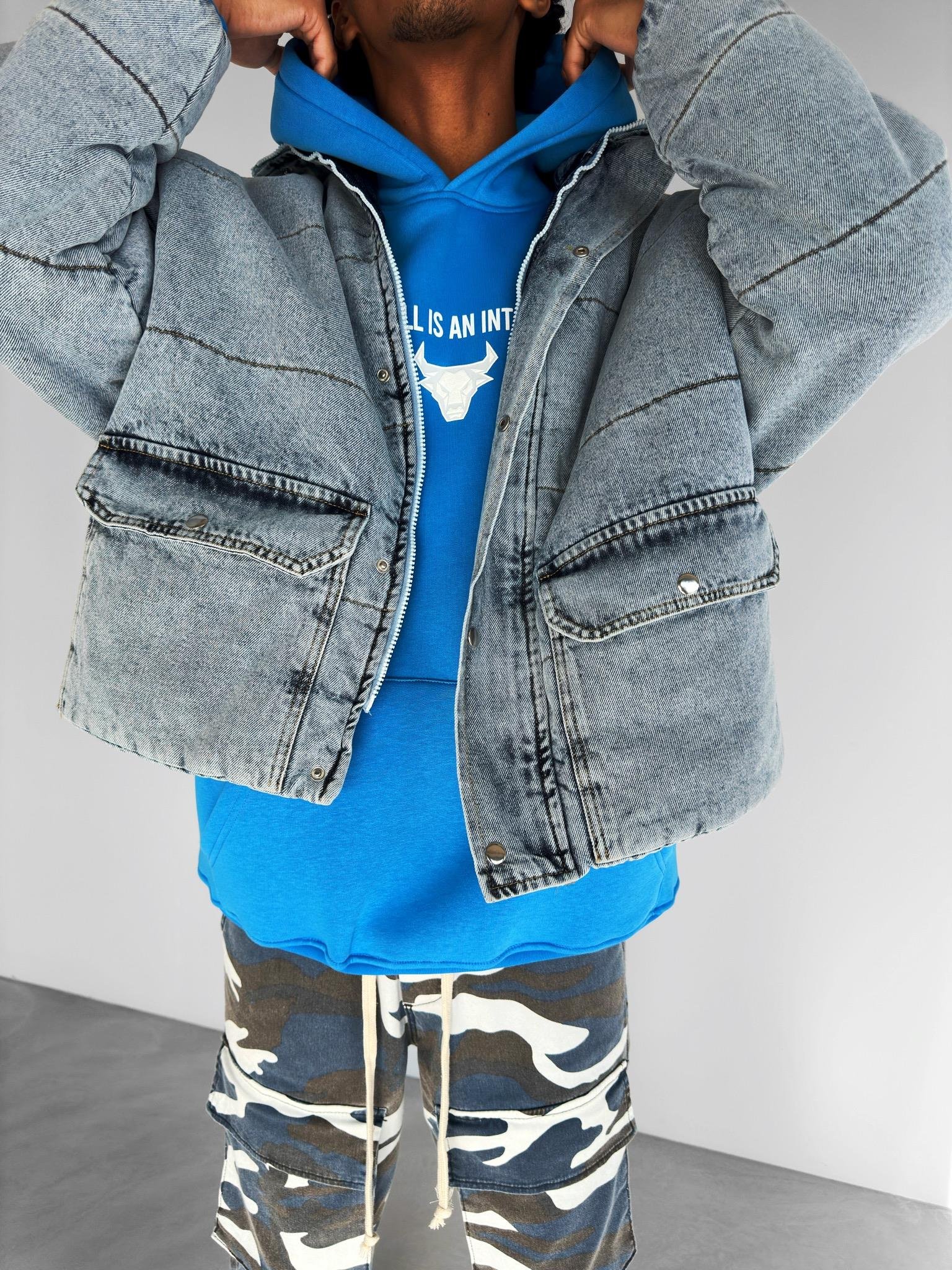 Oversize Dolgulu Denim Mont Buz Mavi
