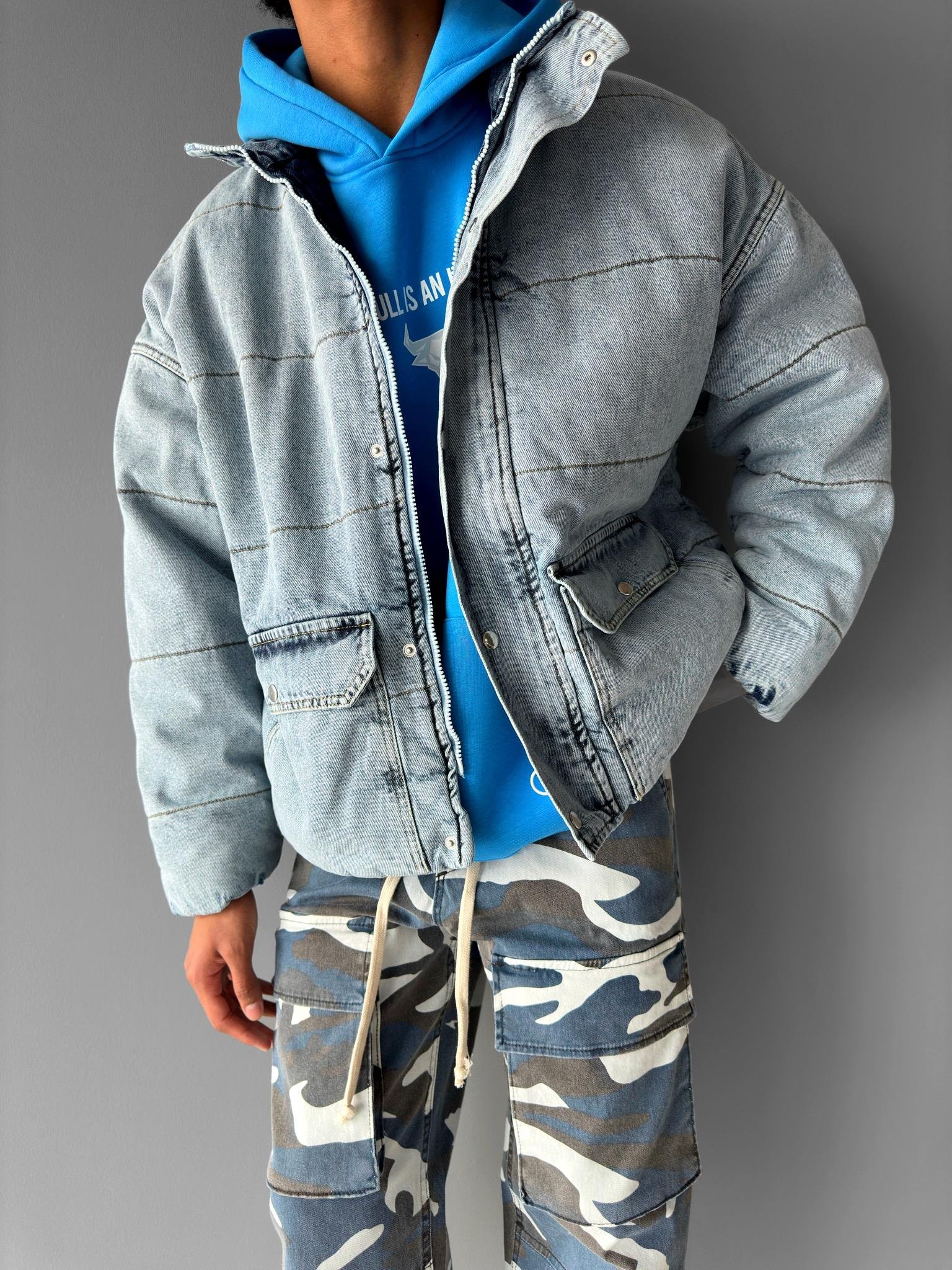 Oversize Dolgulu Denim Mont Buz Mavi