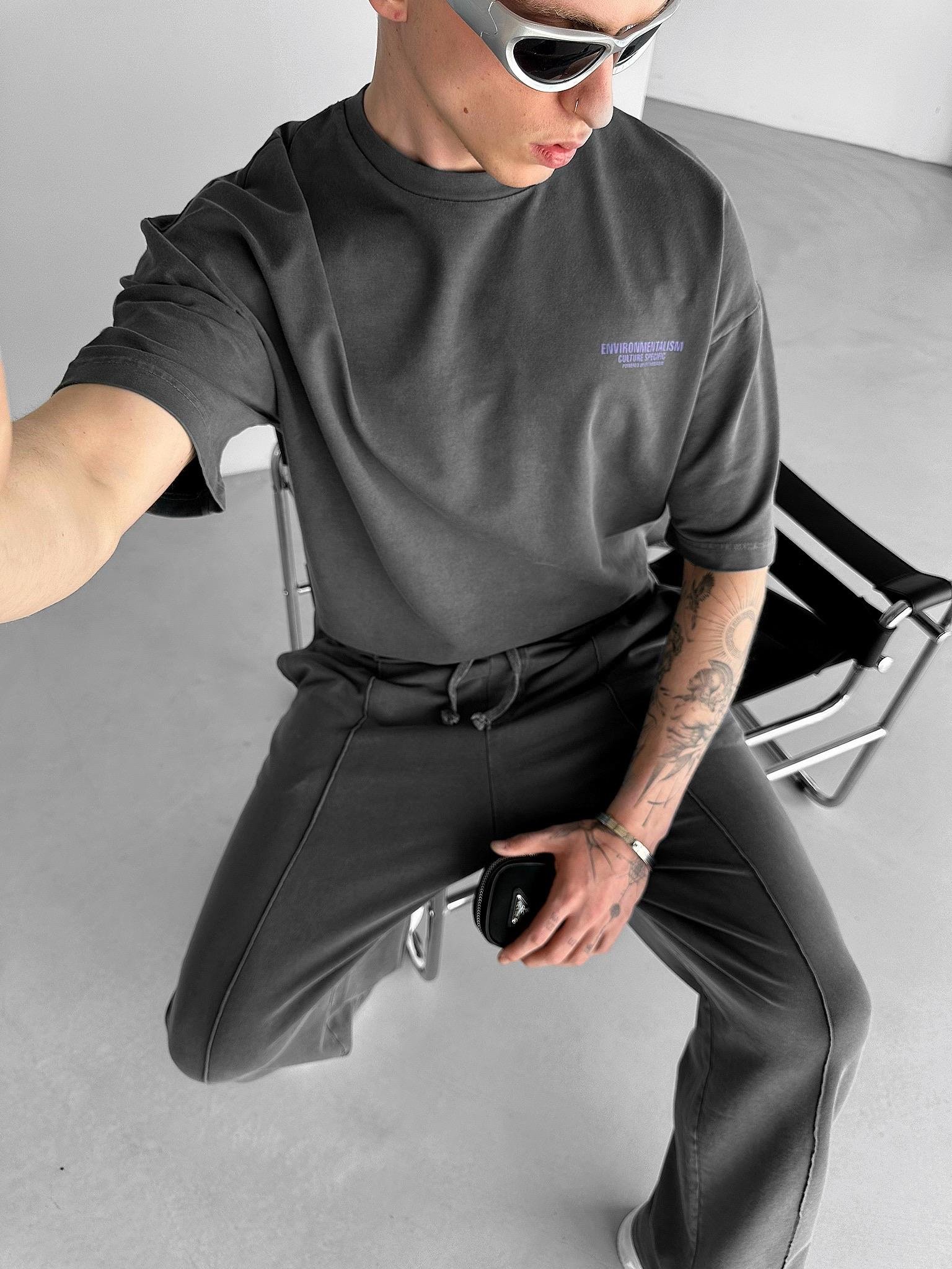 Oversize Eskitme Görünümlü T-Shirt Füme