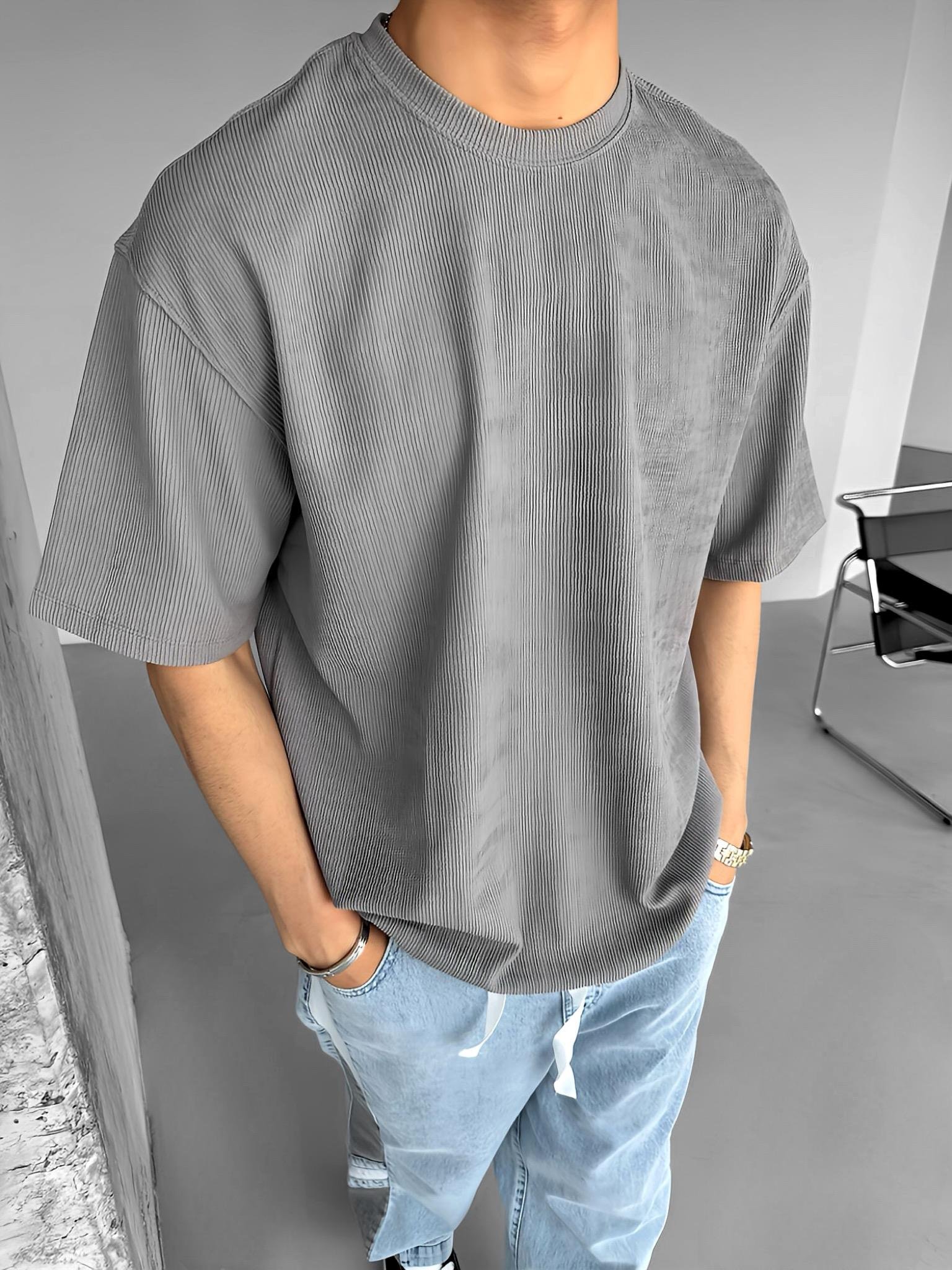 Oversize Esnek Kumaş Basic T-Shirt Gri