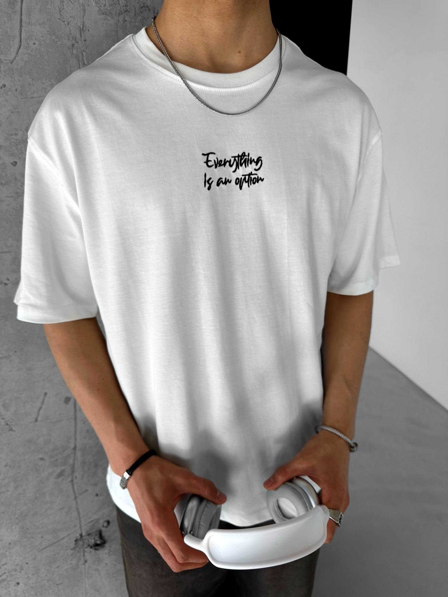 Oversize 'Everything İs An Option' Nakışlı T-Shirt Beyaz