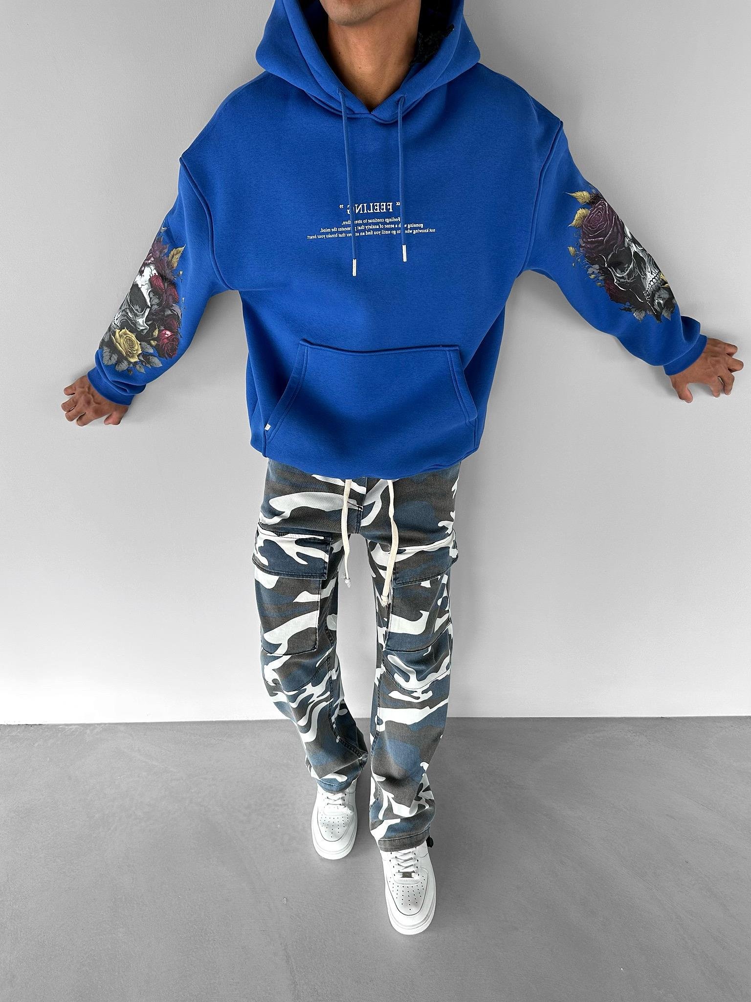 Oversize 'Feeling Skull' Baskılı Sweatshirt Mavi