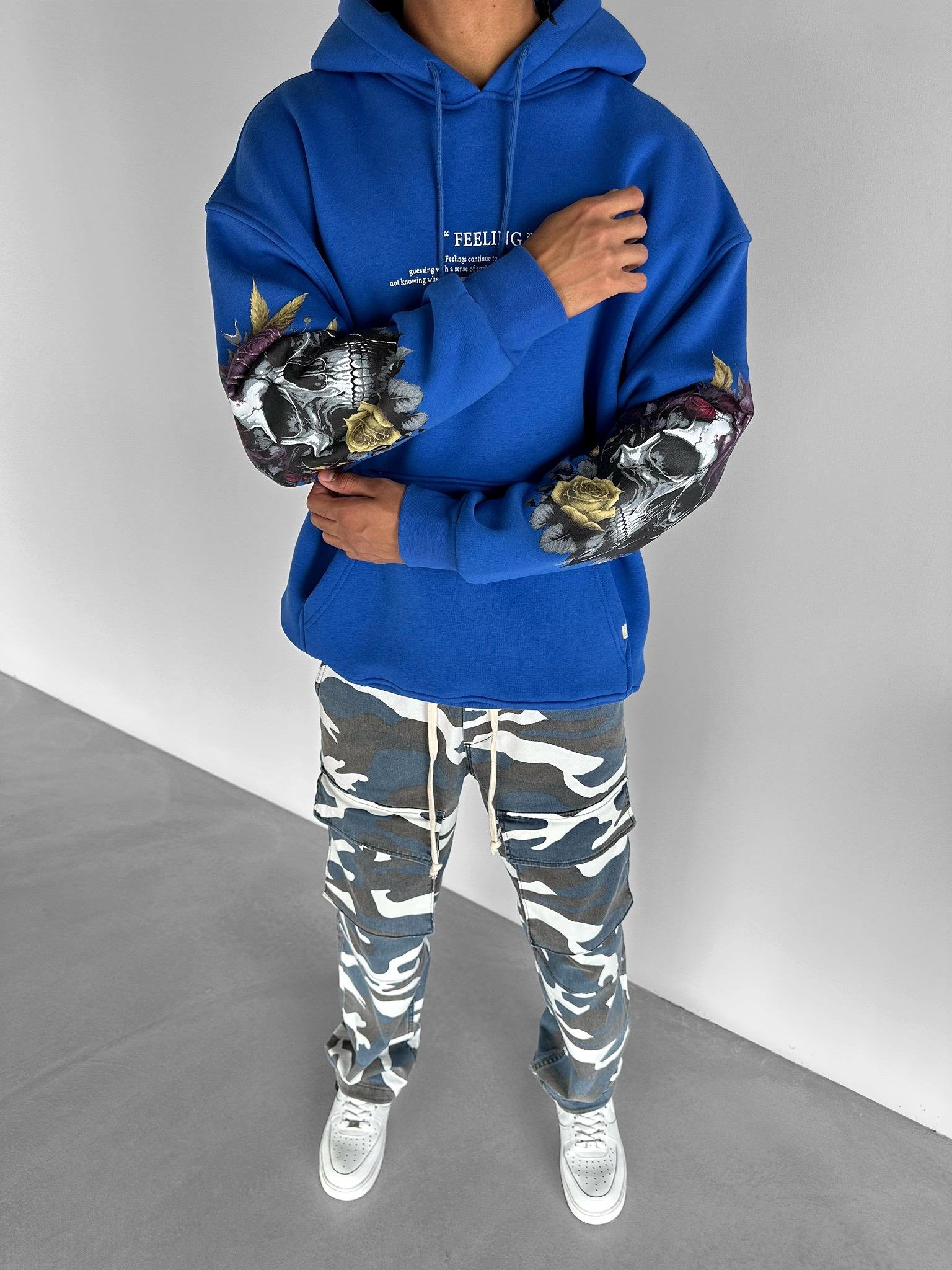 Oversize 'Feeling Skull' Baskılı Sweatshirt Mavi