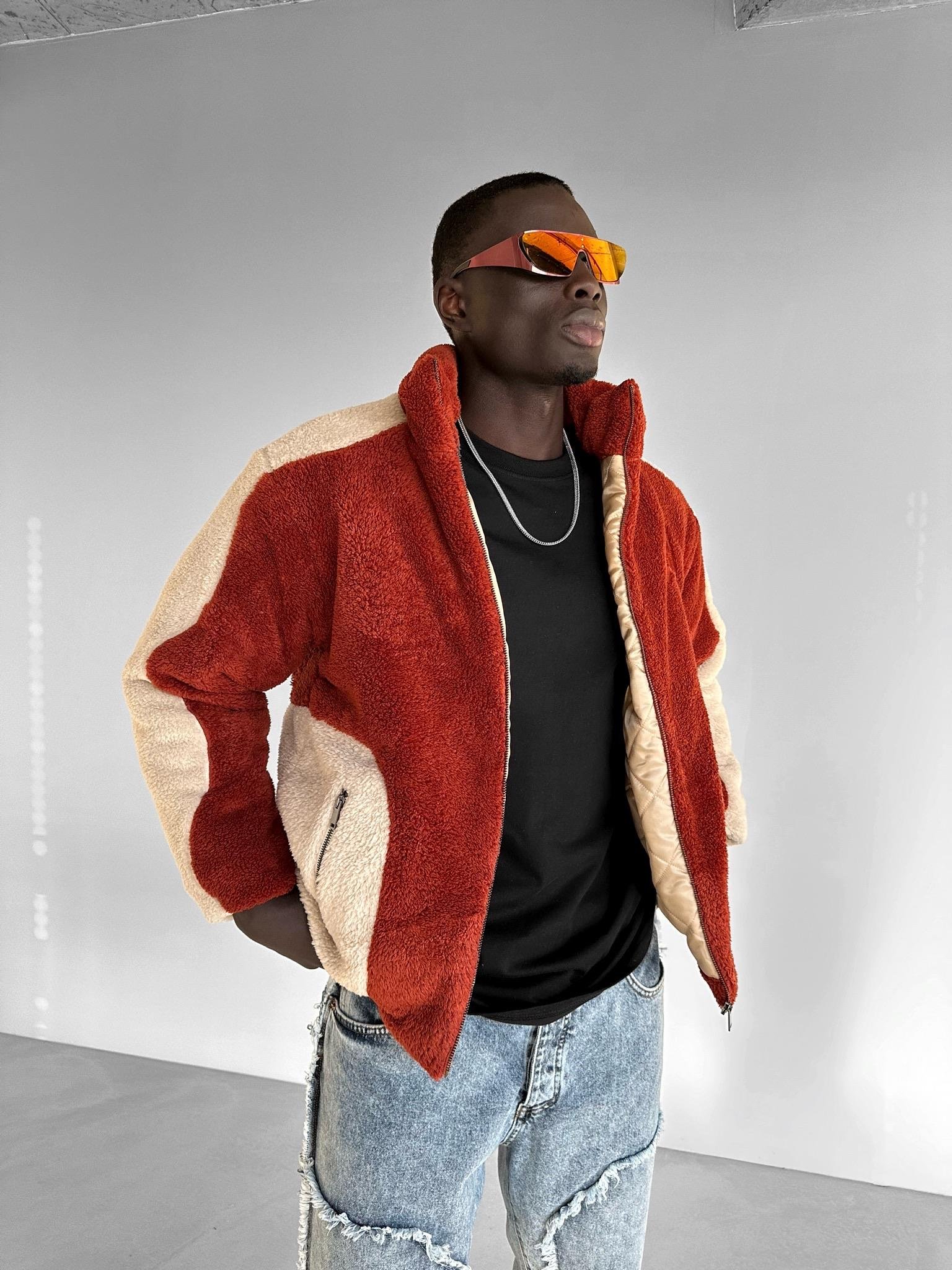 Oversize Fermuarlı Cepli Peluş Mont Kiremit
