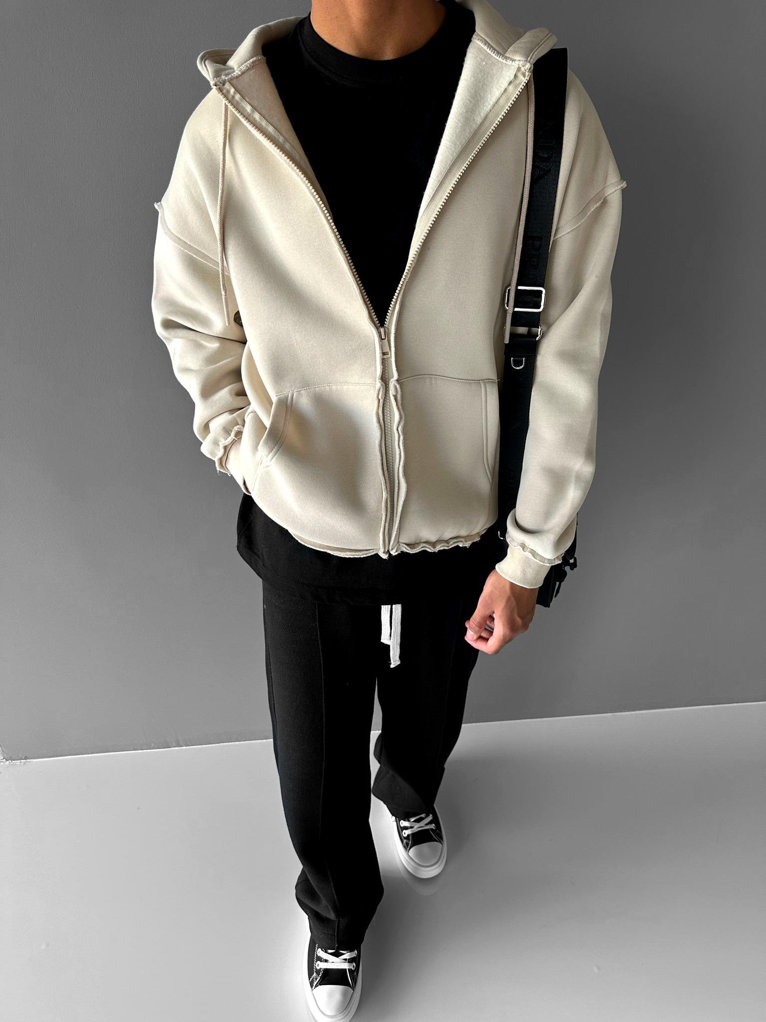 Oversize Fermuarlı Zip Hoodie Bej