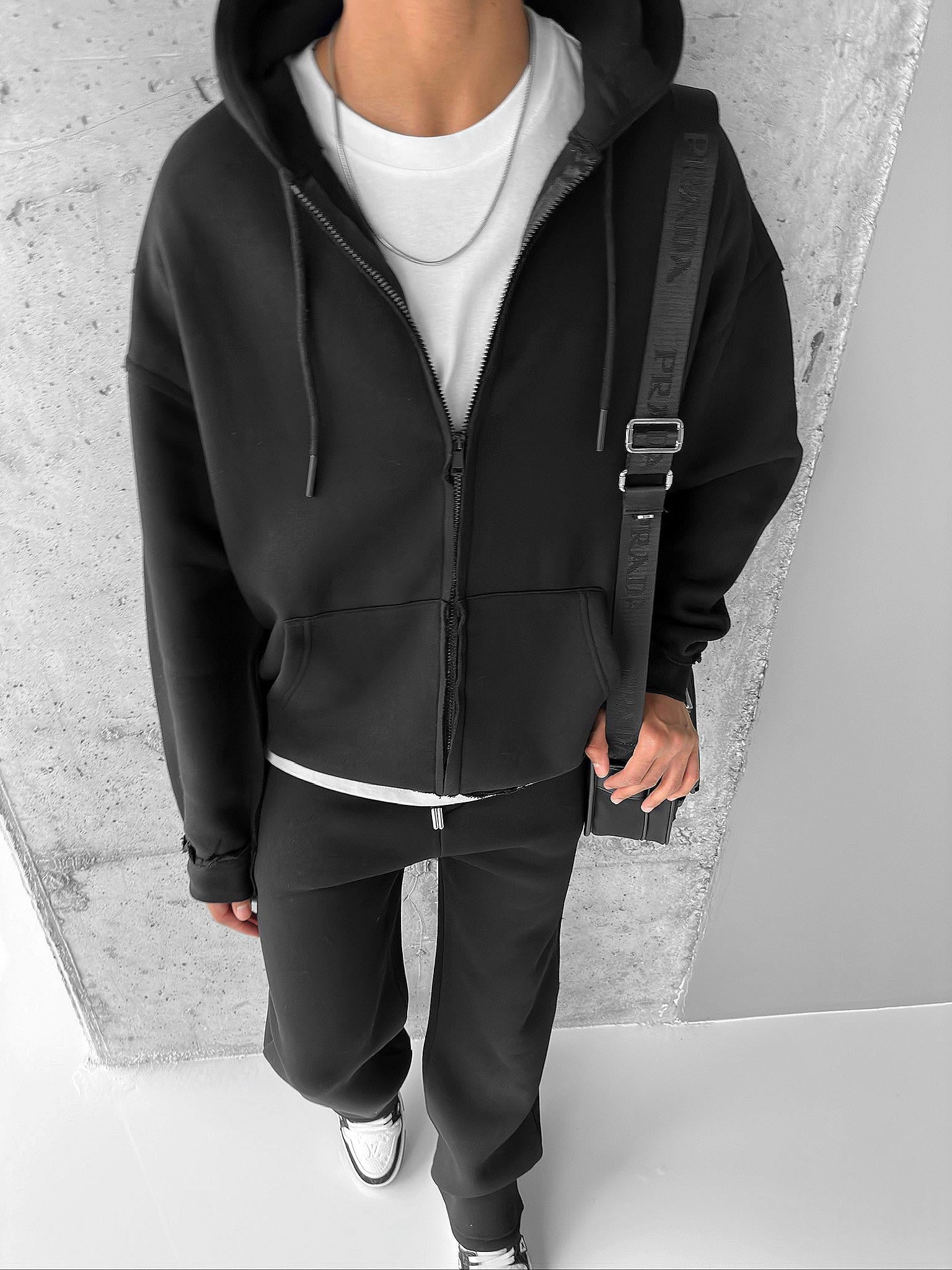 Oversize Fermuarlı Zip Hoodie Siyah