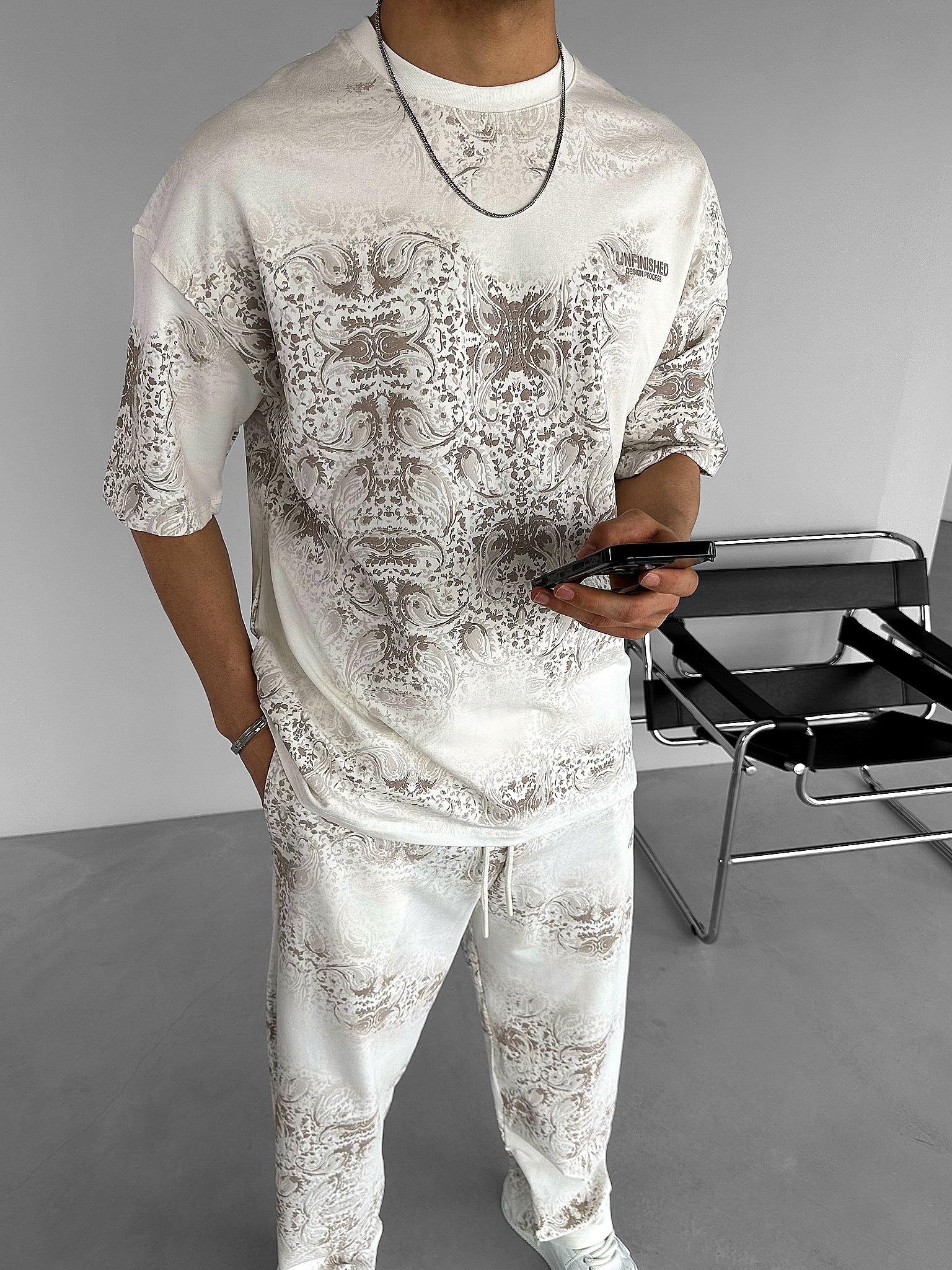 Oversize Fit Baskı Desenli Kısa Kol T-Shirt Ekru