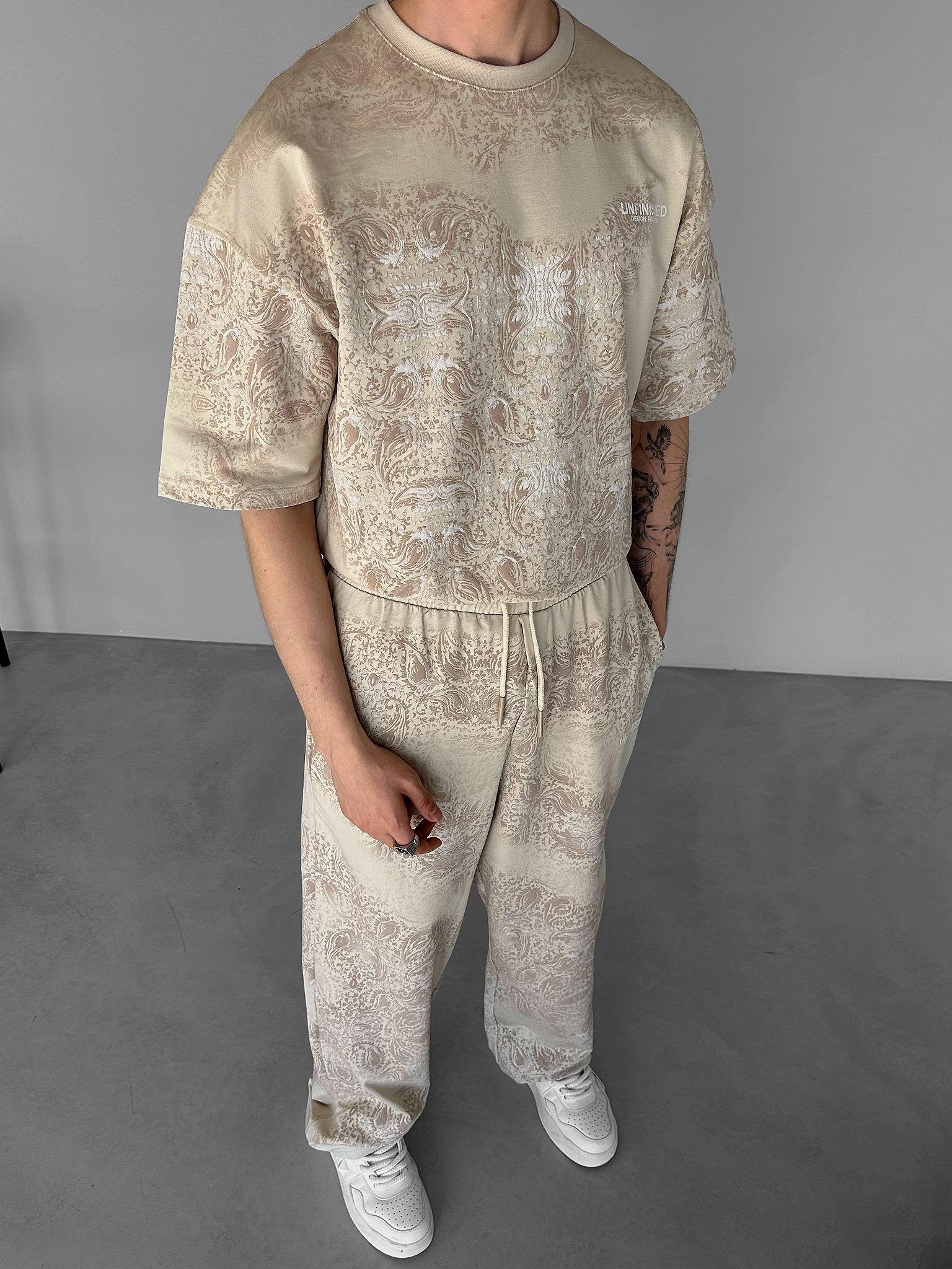Oversize Fit Baskı Desenli Kısa Kol T-Shirt Taş