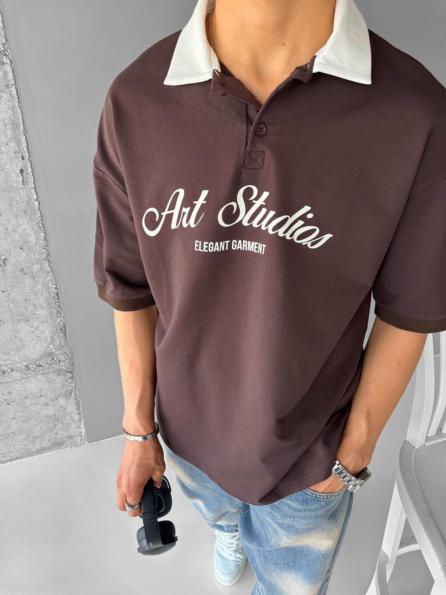 Oversize Fit Esnek 3 Düğmeli Polo Yaka Pamuklu T-Shirt Kahverengi
