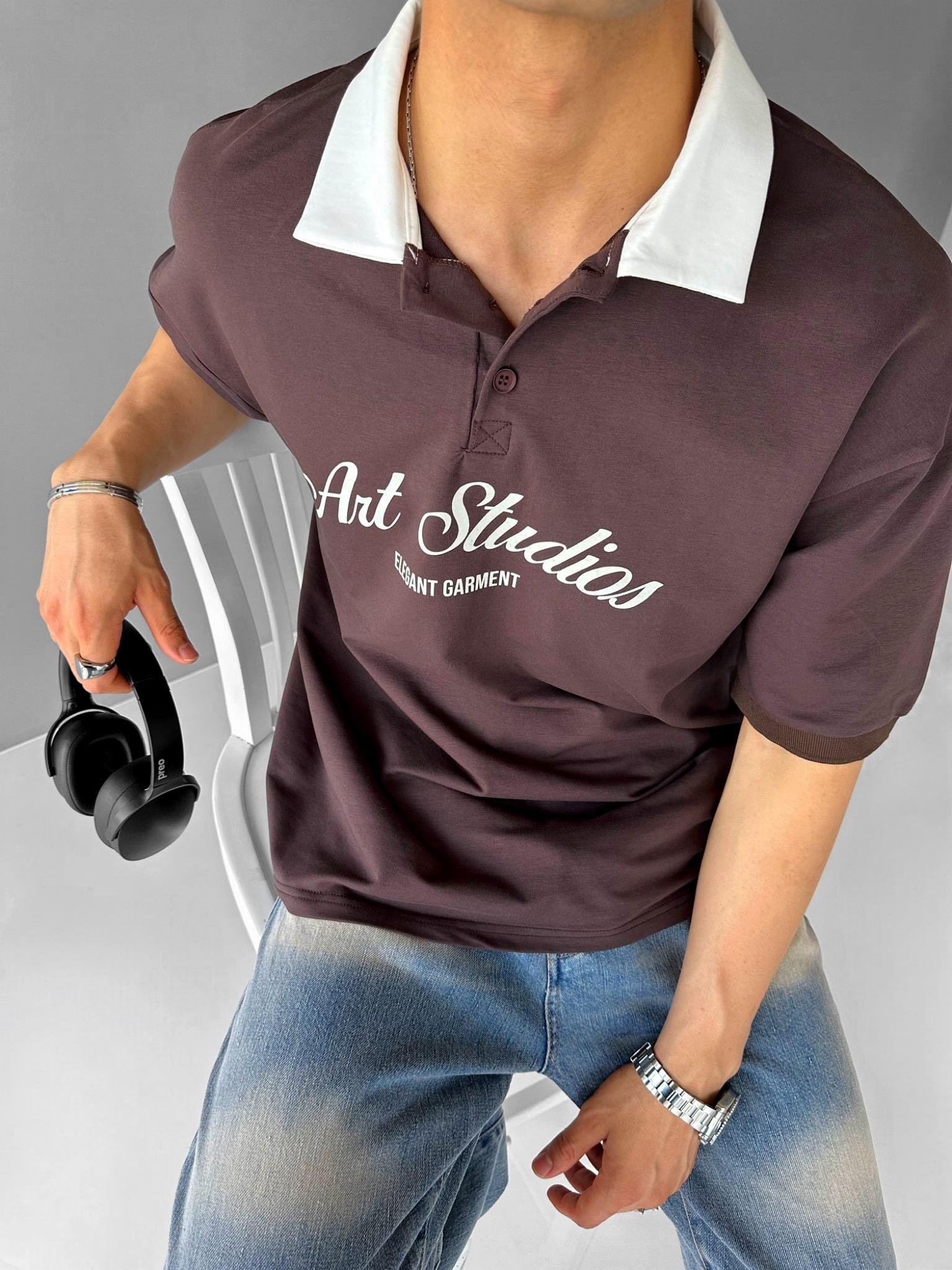 Oversize Fit Esnek 3 Düğmeli Polo Yaka Pamuklu T-Shirt Kahverengi