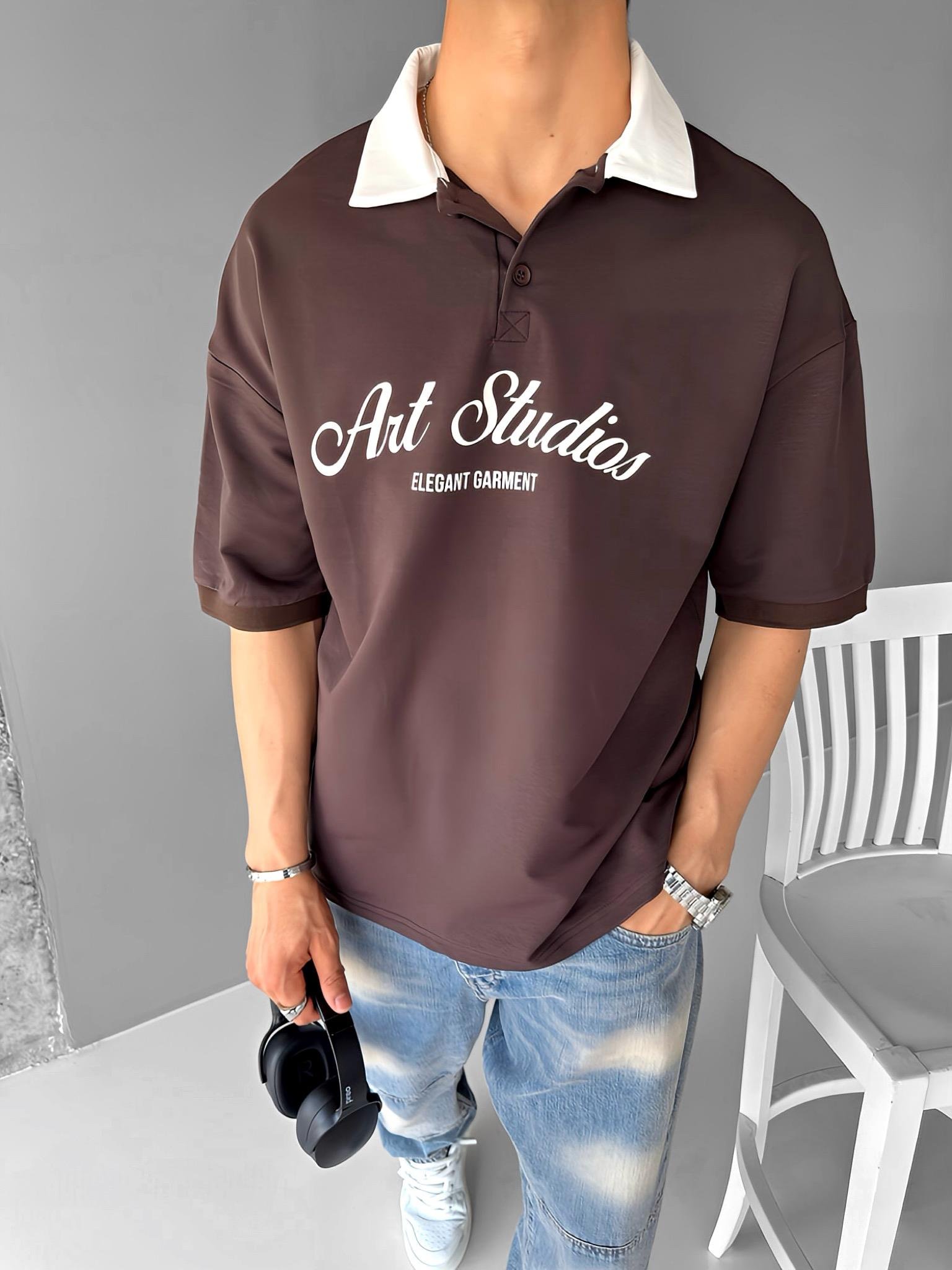 Oversize Fit Esnek 3 Düğmeli Polo Yaka Pamuklu T-Shirt Kahverengi
