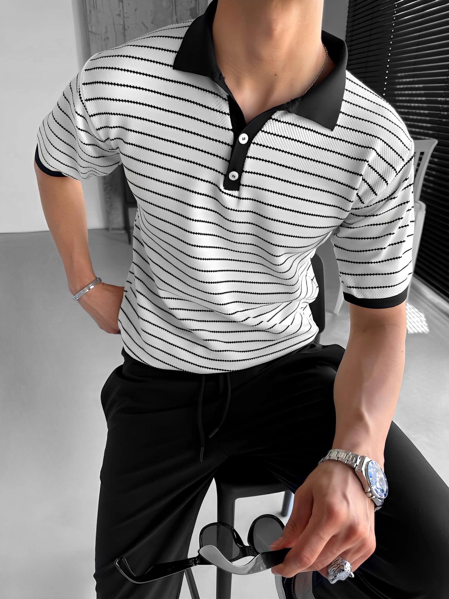 Oversize Fit Esnek Düğmeli Polo Yaka Çizgili Esnek T-Shirt Siyah