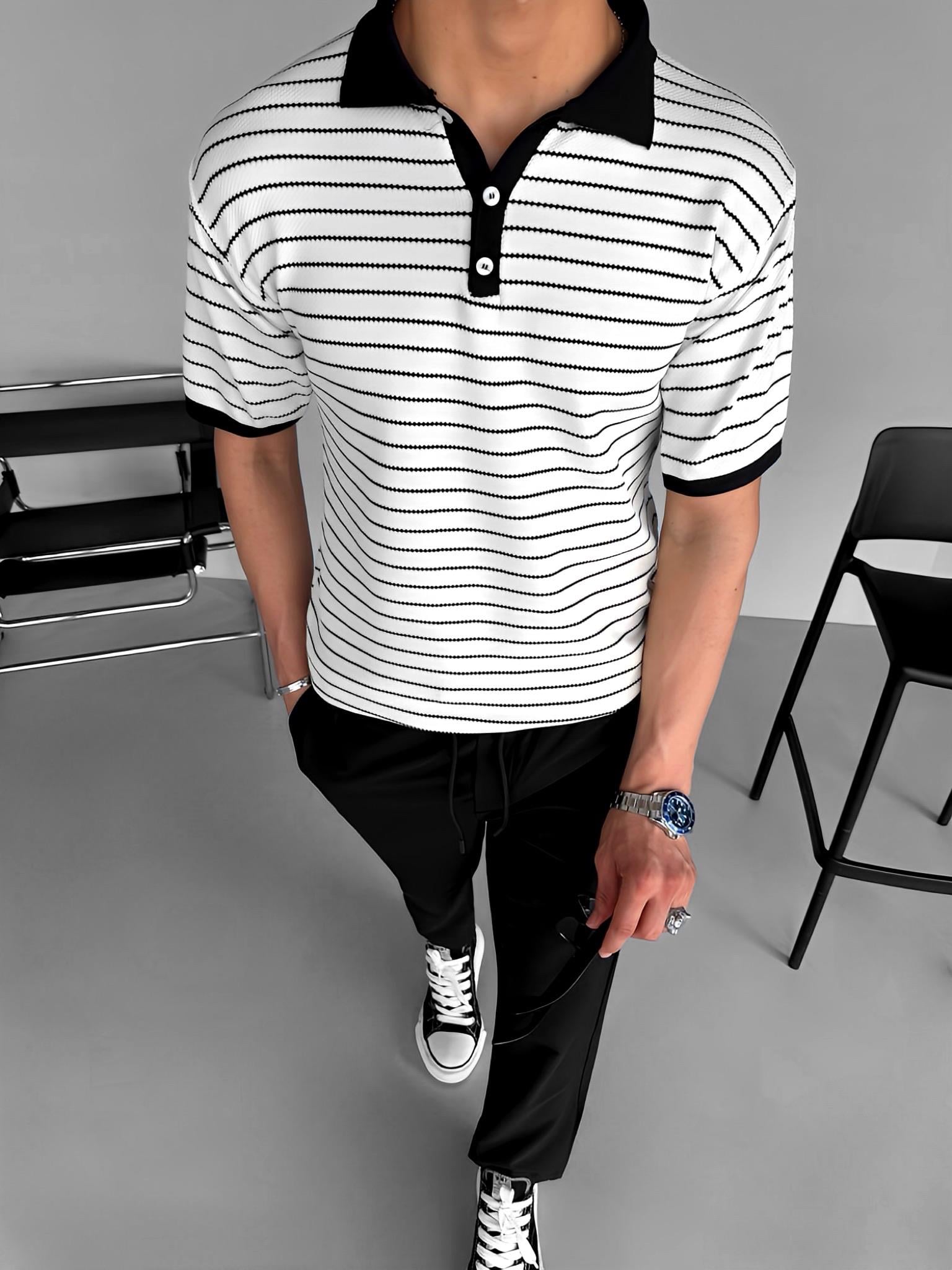 Oversize Fit Esnek Düğmeli Polo Yaka Çizgili Esnek T-Shirt Siyah