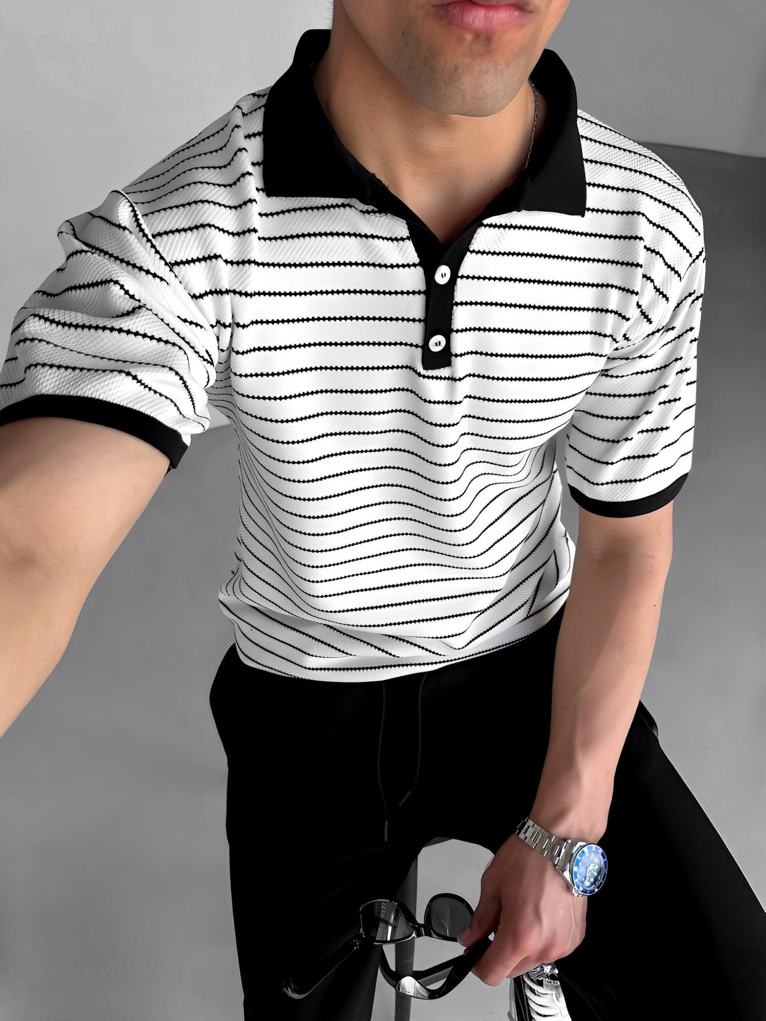 Oversize Fit Esnek Düğmeli Polo Yaka Çizgili Esnek T-Shirt Siyah