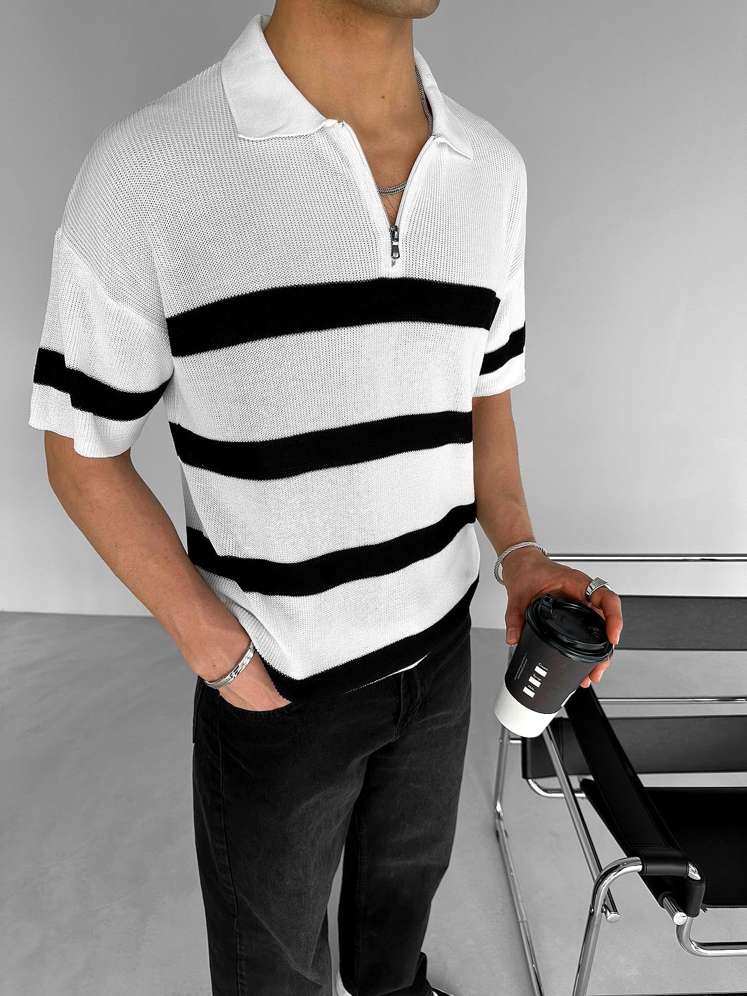 Oversize Fit Fermuarlı Polo Yaka Çizgili Triko T-Shirt Ekru