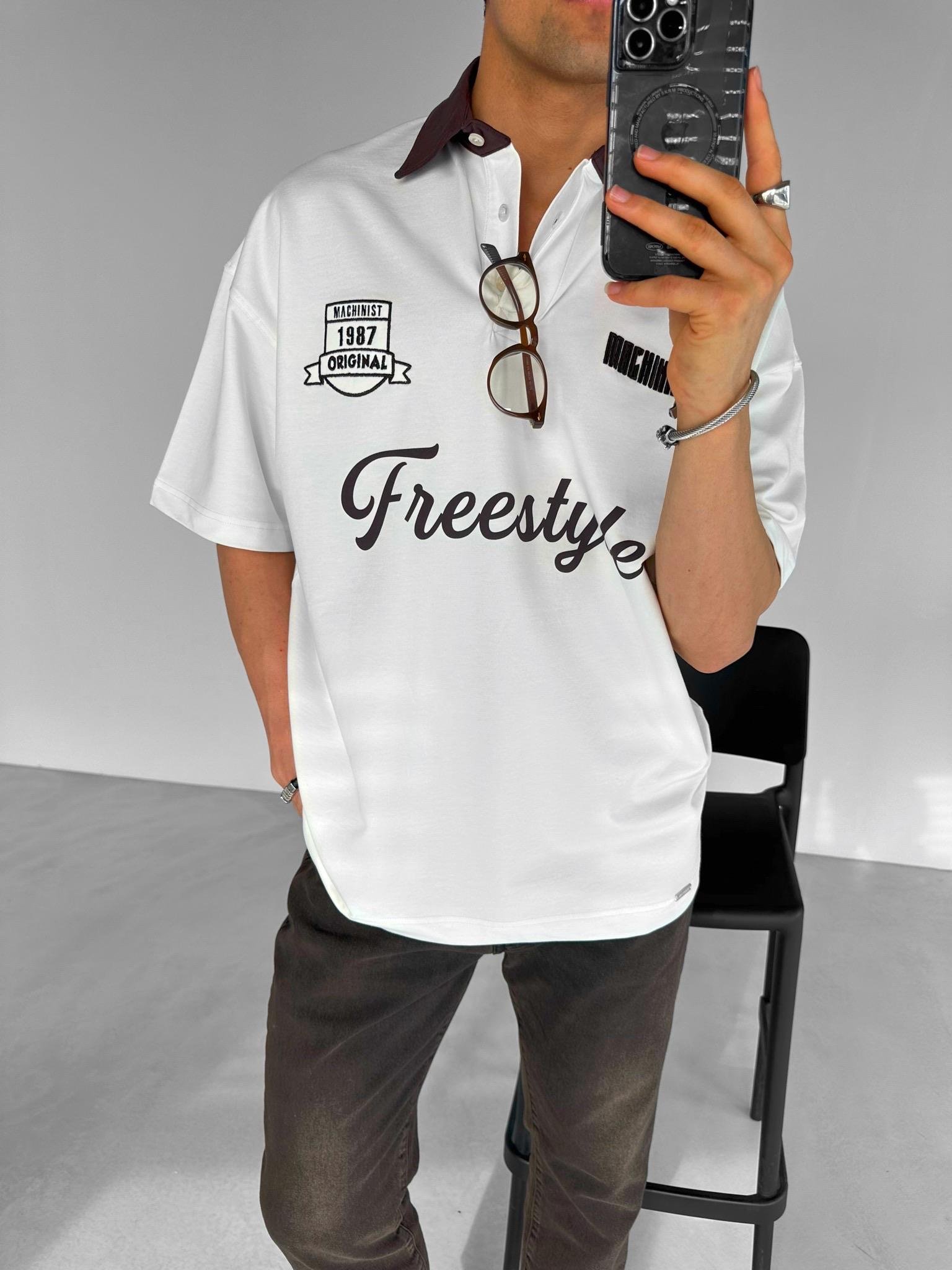 Oversize Fit Polo Yaka Nakışlı T-Shirt Ekru