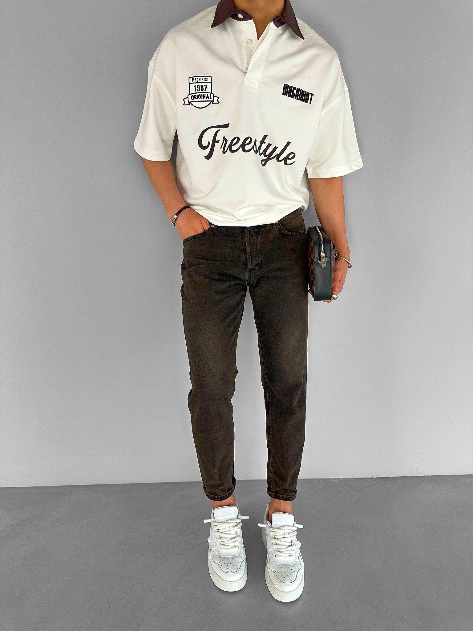 Oversize Fit Polo Yaka Nakışlı T-Shirt Ekru