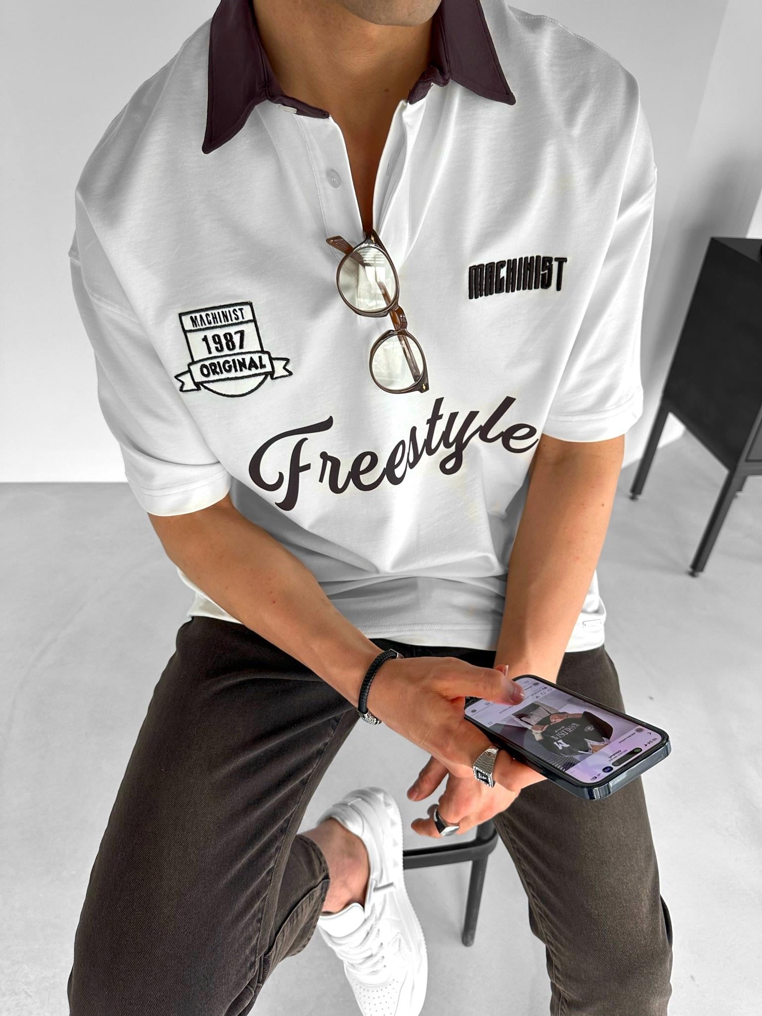 Oversize Fit Polo Yaka Nakışlı T-Shirt Ekru