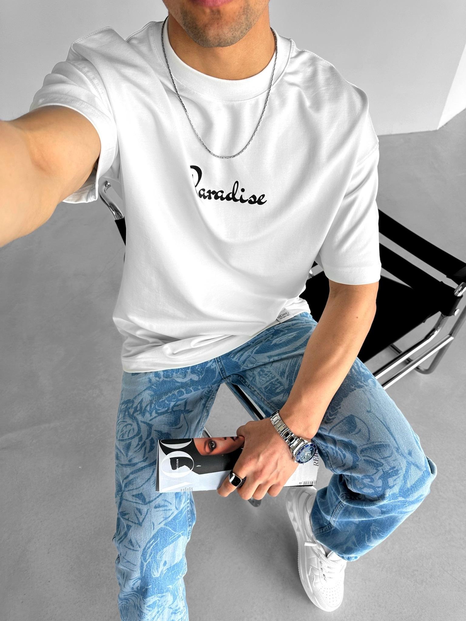 Oversize Fit Slogan Baskılı T-Shirt Beyaz