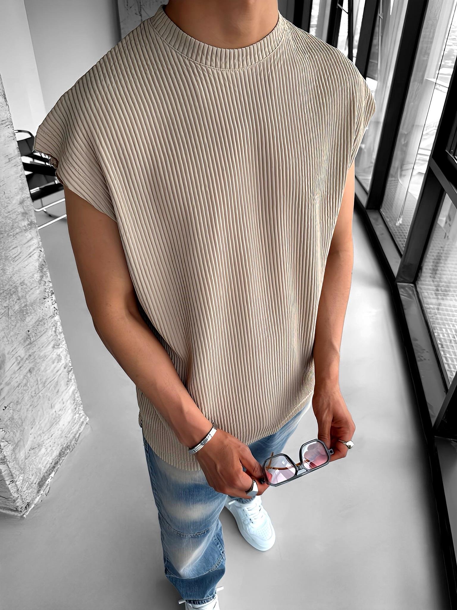Oversize Fitilli Kolsuz T-Shirt Bej