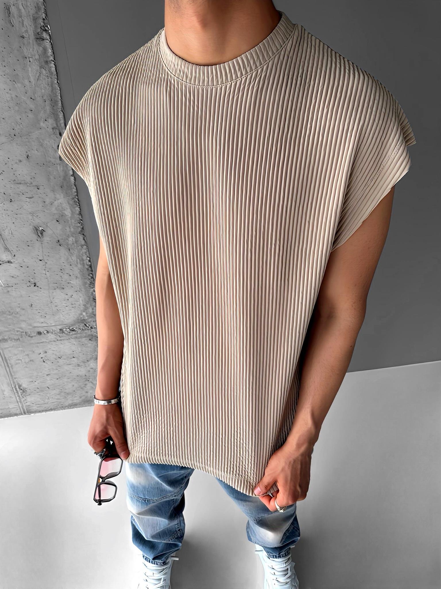 Oversize Fitilli Kolsuz T-Shirt Bej