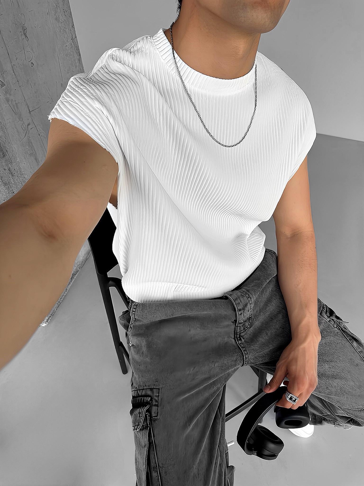Oversize Fitilli Kolsuz T-Shirt Beyaz