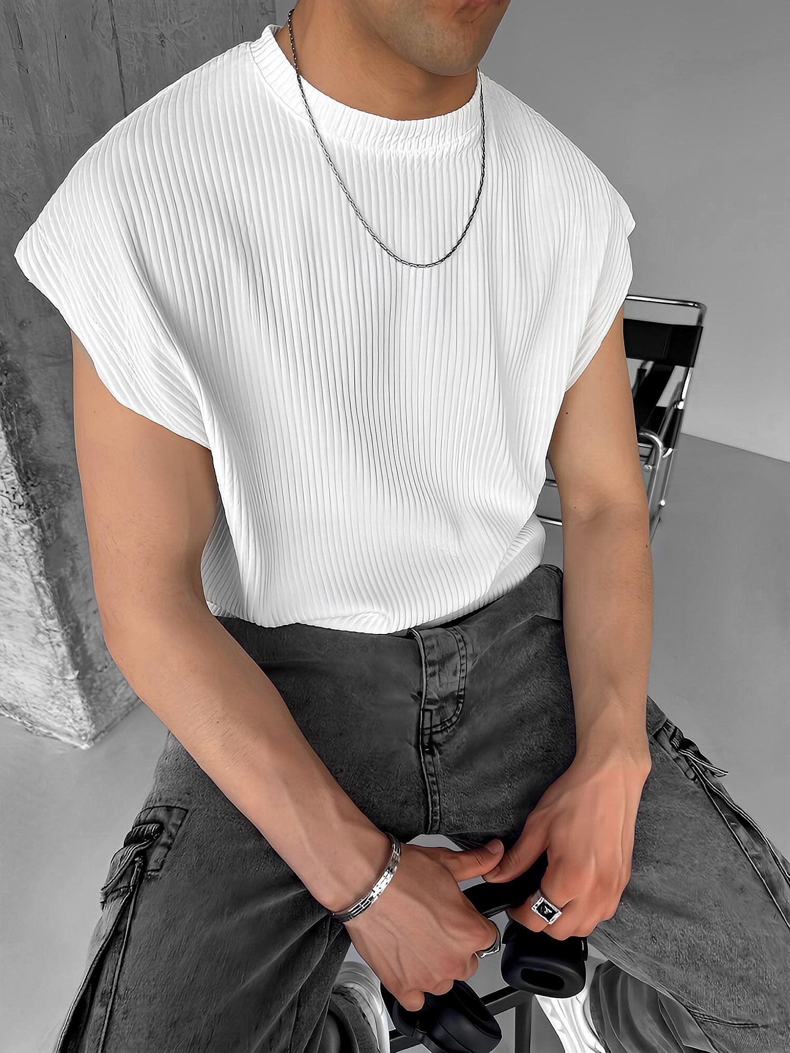 Oversize Fitilli Kolsuz T-Shirt Beyaz