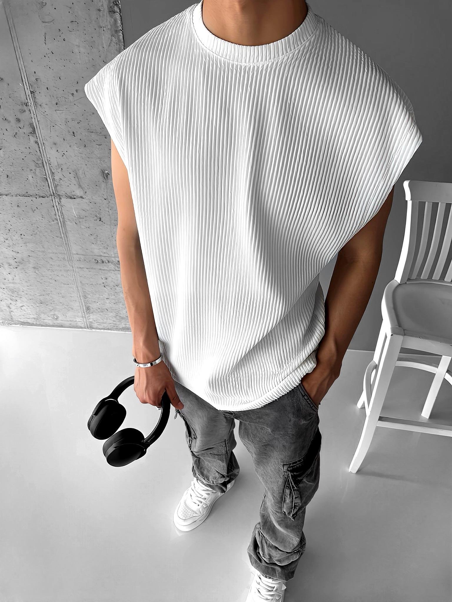 Oversize Fitilli Kolsuz T-Shirt Beyaz