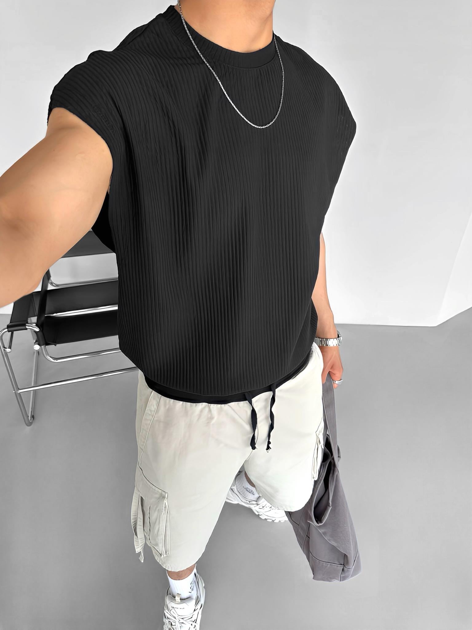 Oversize Fitilli Kolsuz T-Shirt Siyah