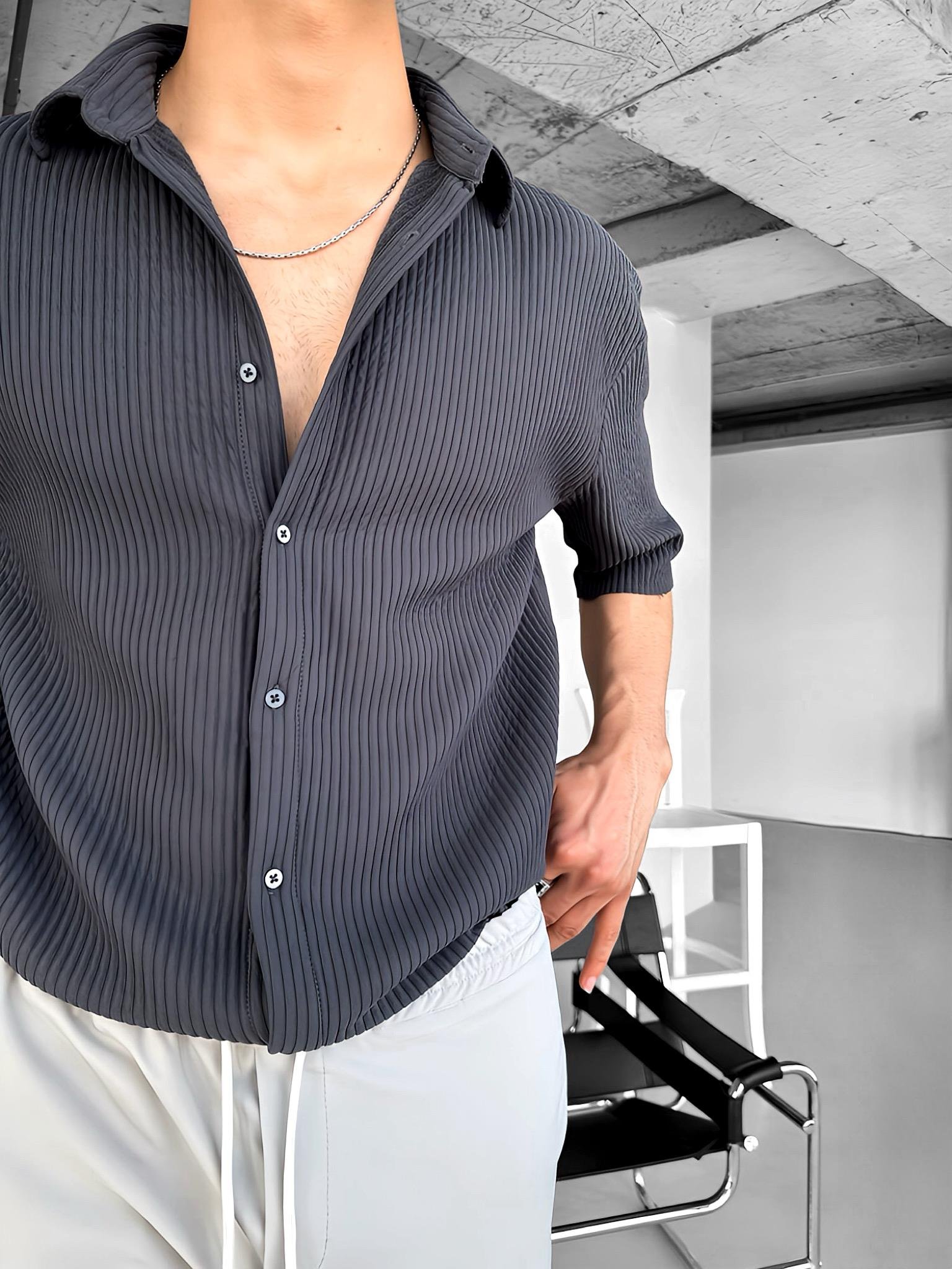 Oversize Fitilli Küba Yaka Gömlek Füme