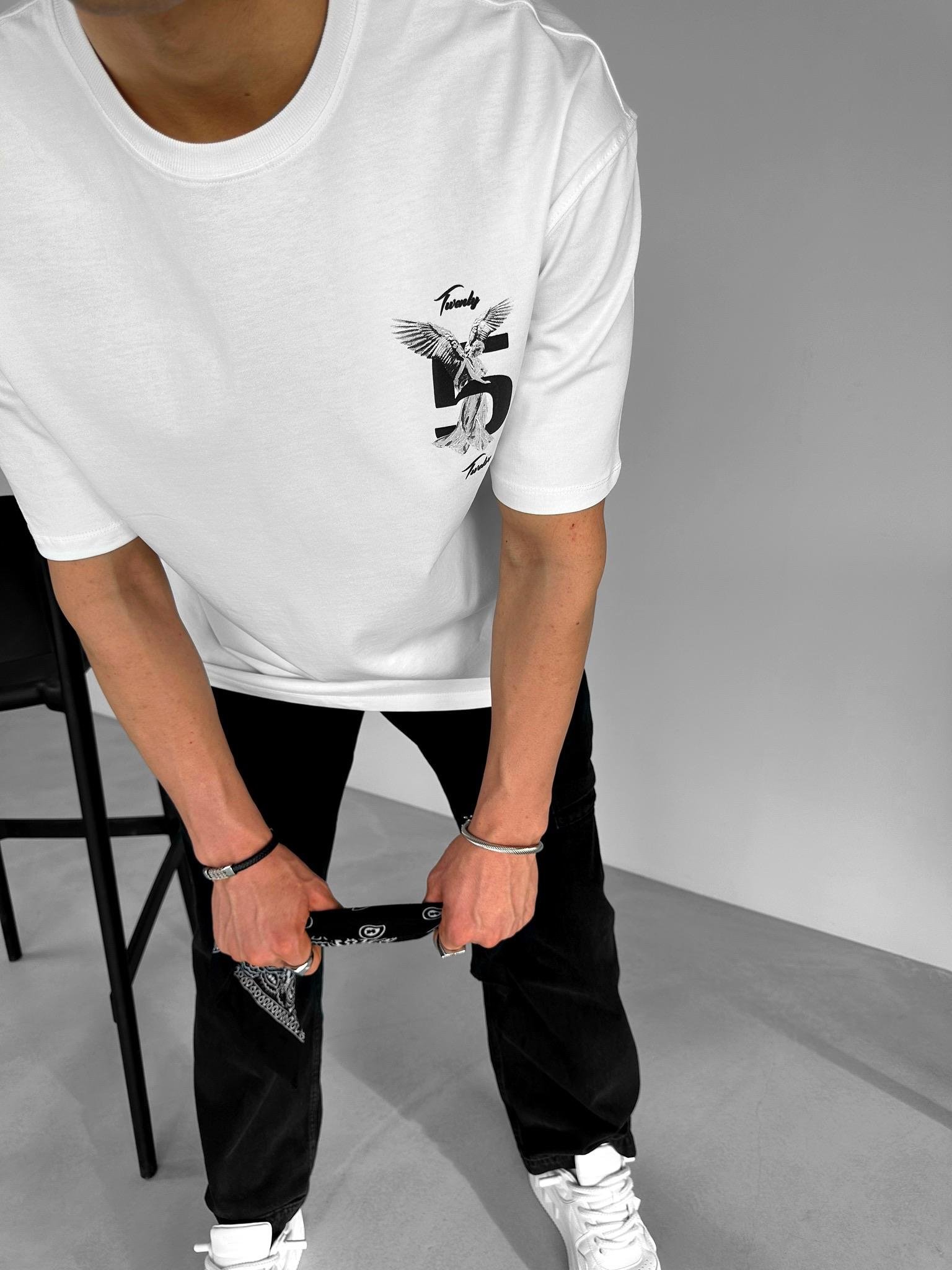 Oversize Five Angle Kabartma Baskılı T-Shirt Beyaz