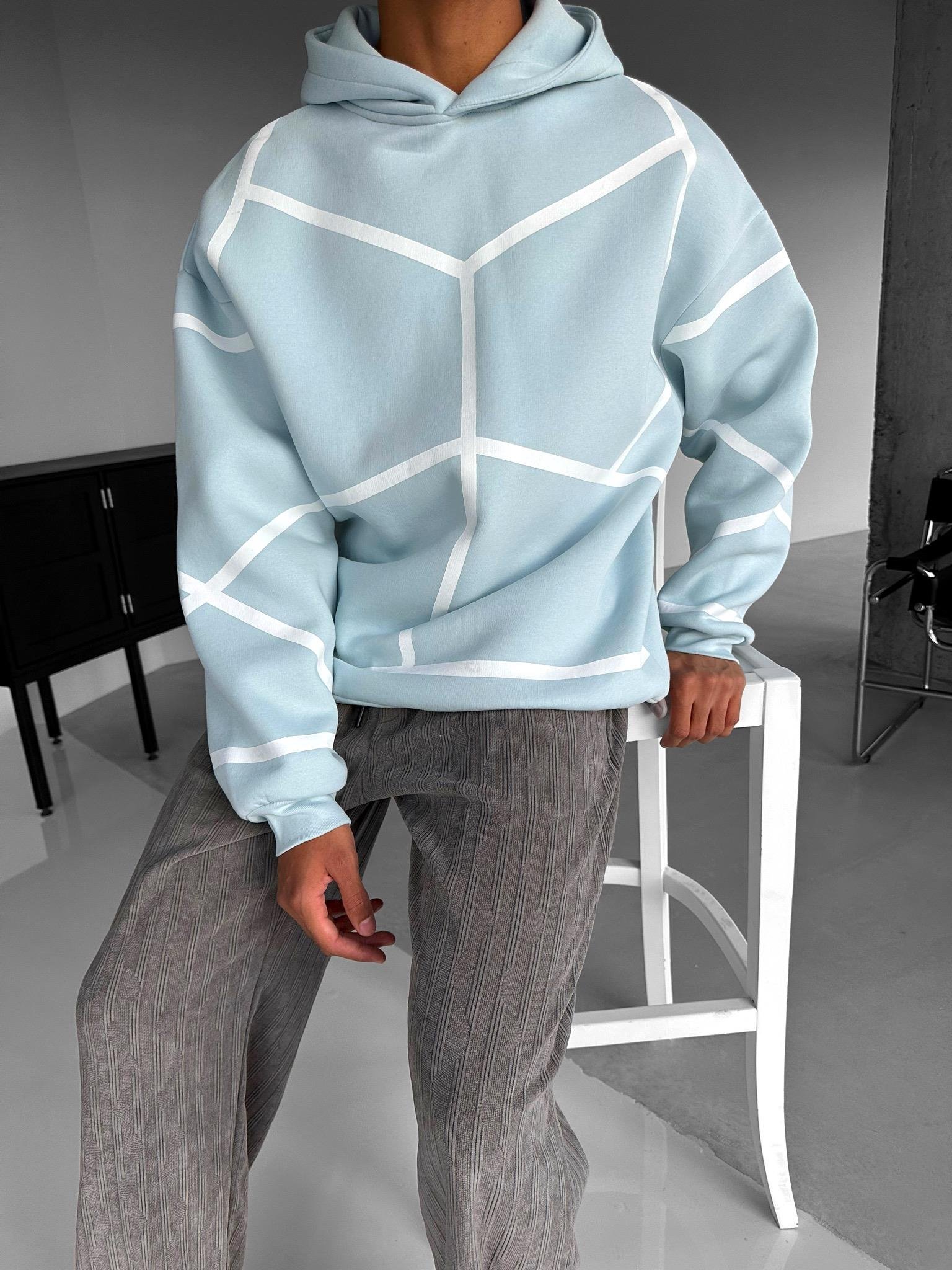 Oversize Geometrik Desenli Hoodie Bebek Mavi