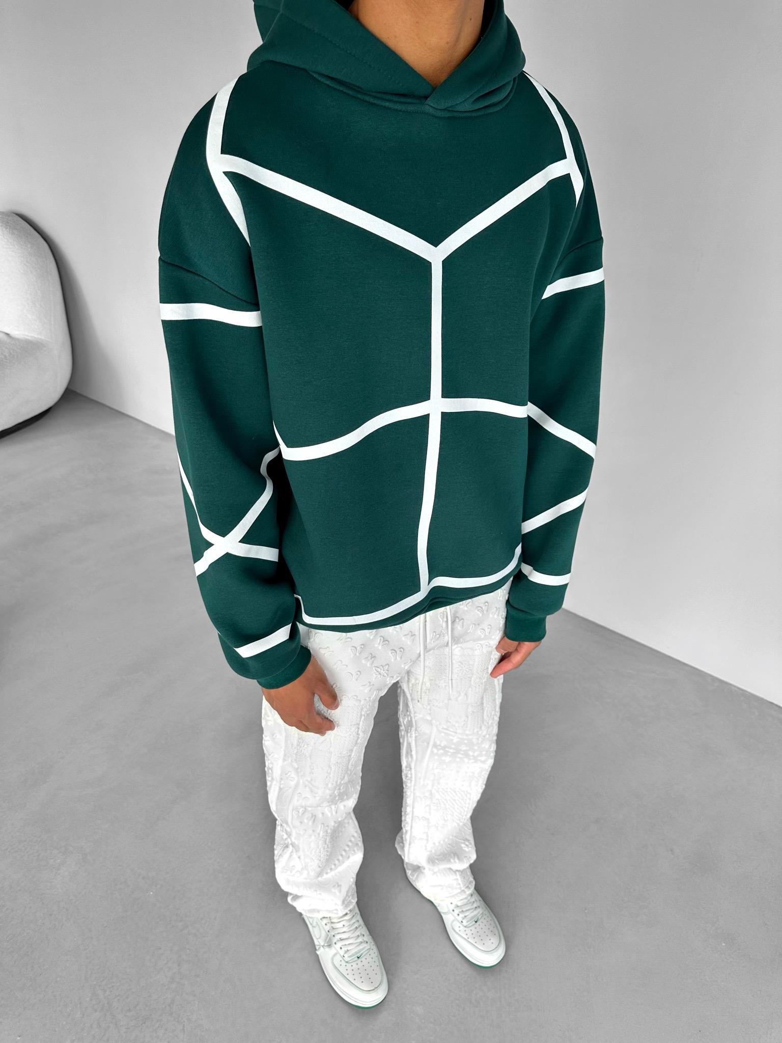 Oversize Geometrik Desenli Hoodie Yeşil