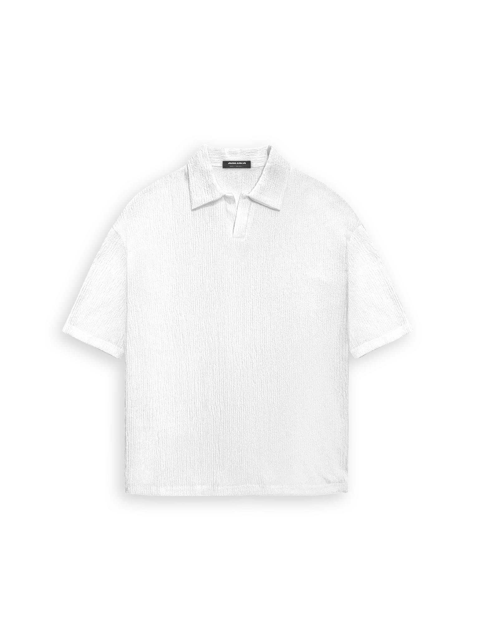 Oversize Gofre Kumaş Yarım Pat Gömlek Yaka T-Shirt Beyaz