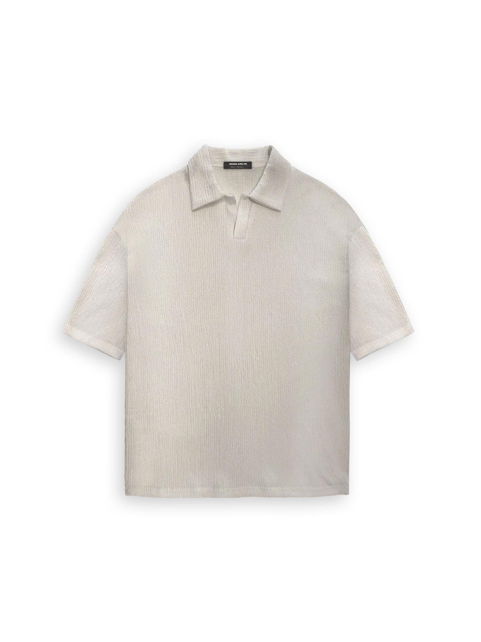 Oversize Gofre Kumaş Yarım Pat Gömlek Yaka T-Shirt Bej
