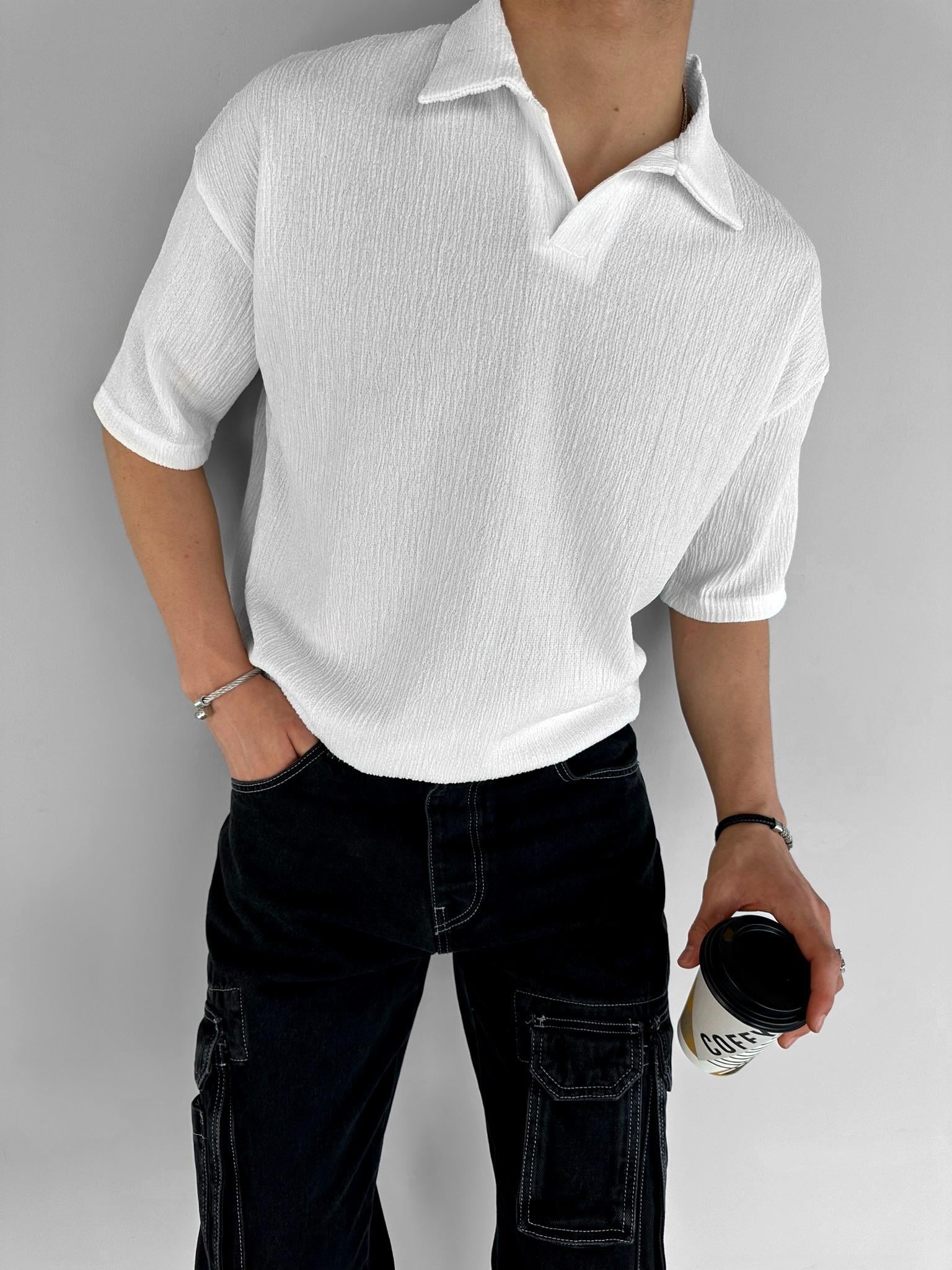 Oversize Gofre Kumaş Yarım Pat Gömlek Yaka T-Shirt Beyaz