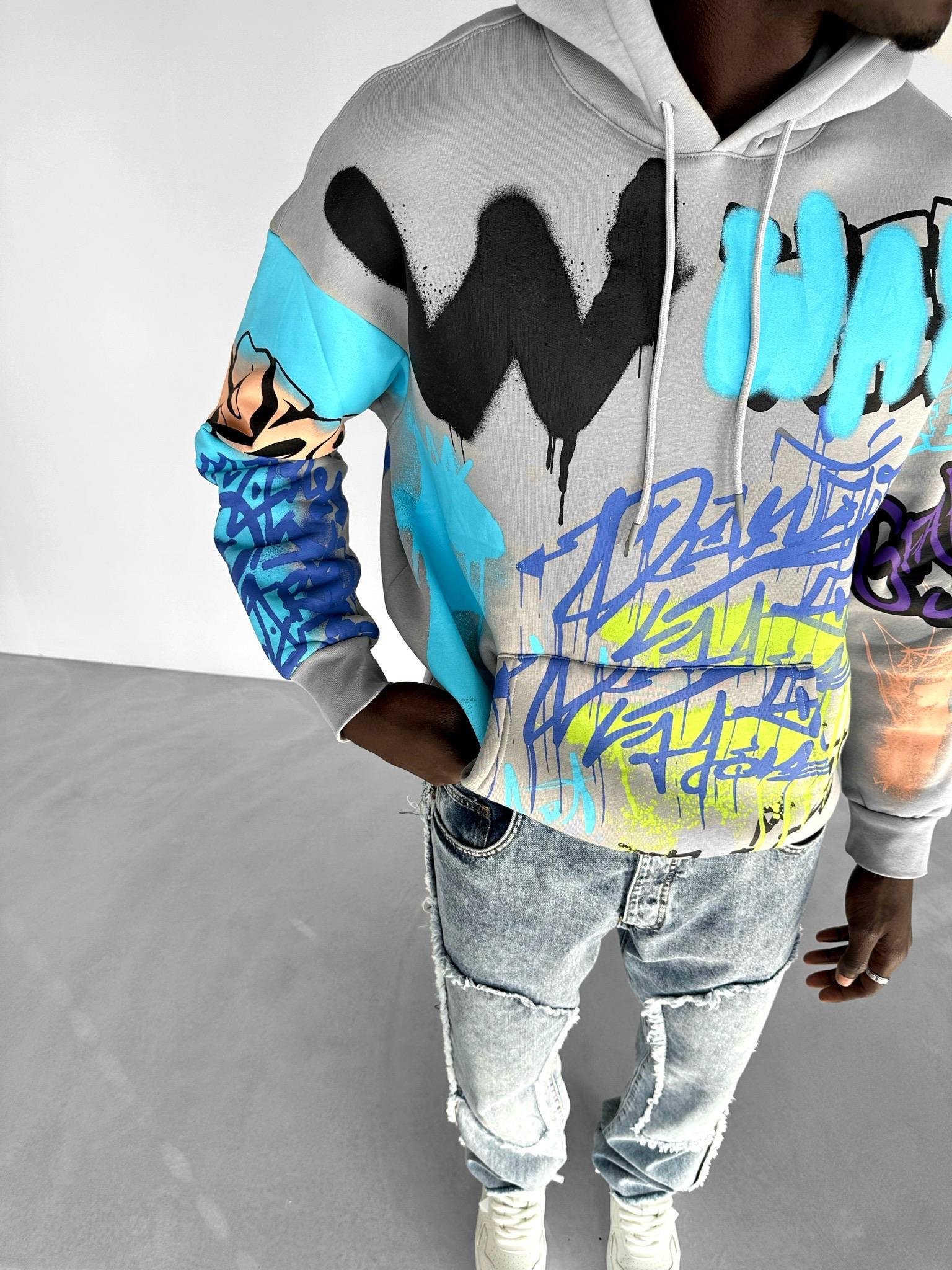 Oversize Graffiti Kapşonlu Sweatshirt Gri