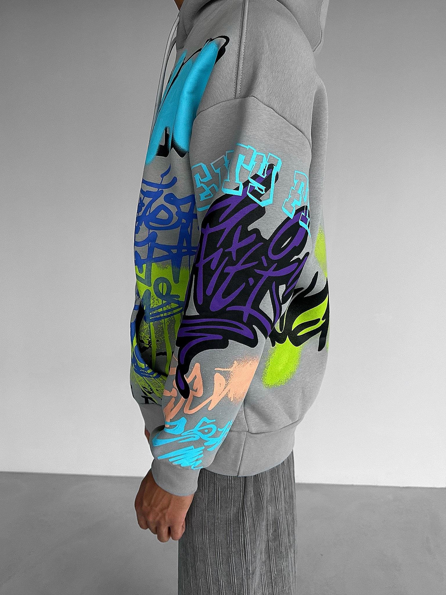 Oversize Graffiti Kapşonlu Sweatshirt Gri
