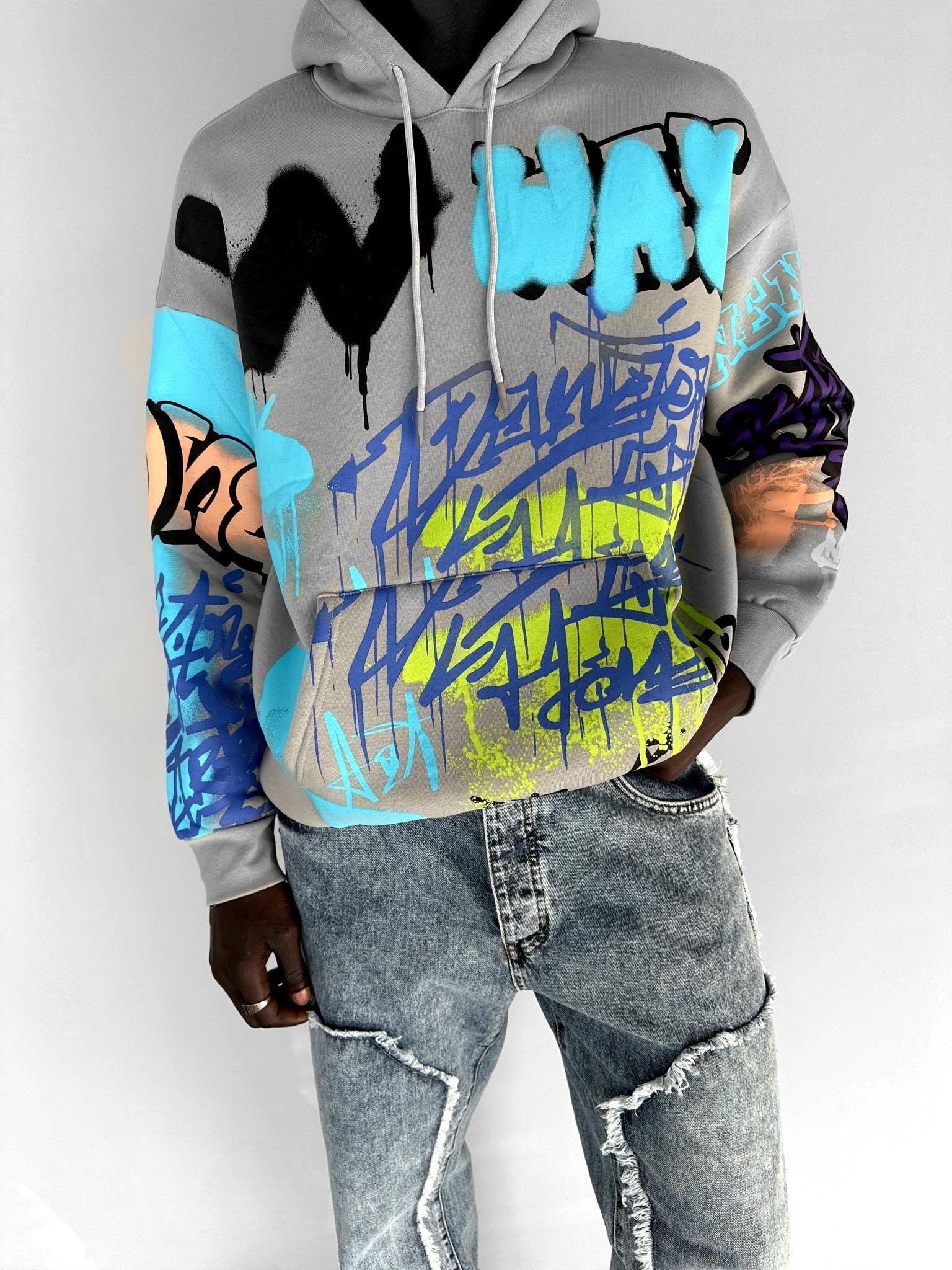 Oversize Graffiti Kapşonlu Sweatshirt Gri