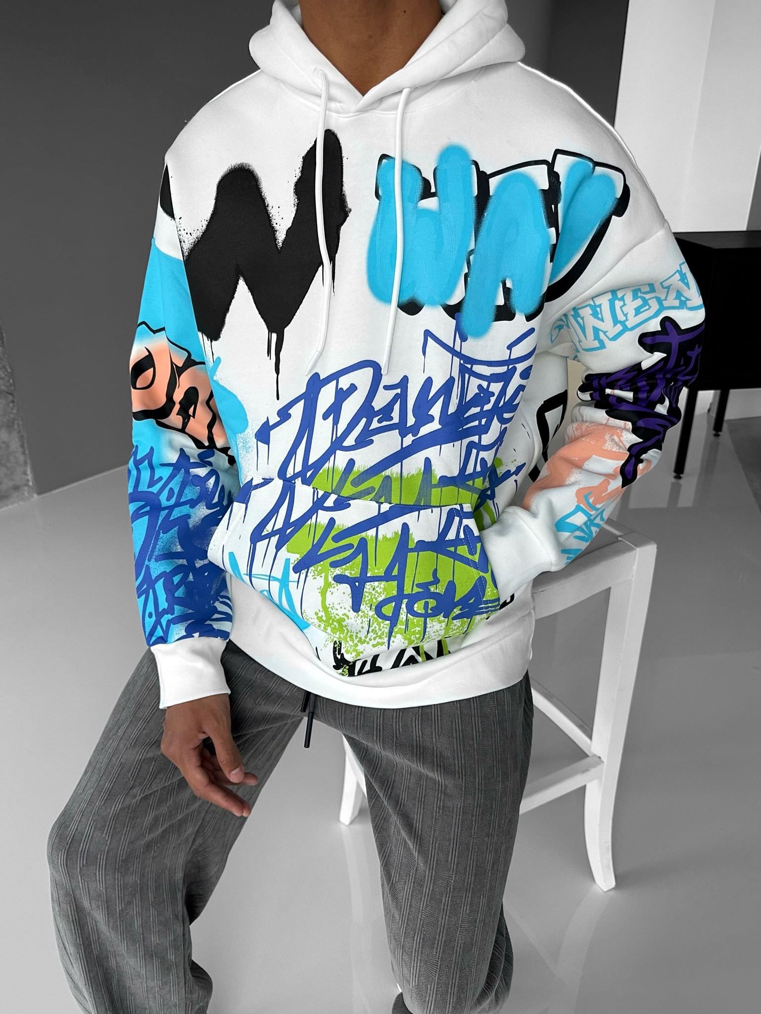 Oversize Graffiti Kapşonlu Sweatshirt Beyaz
