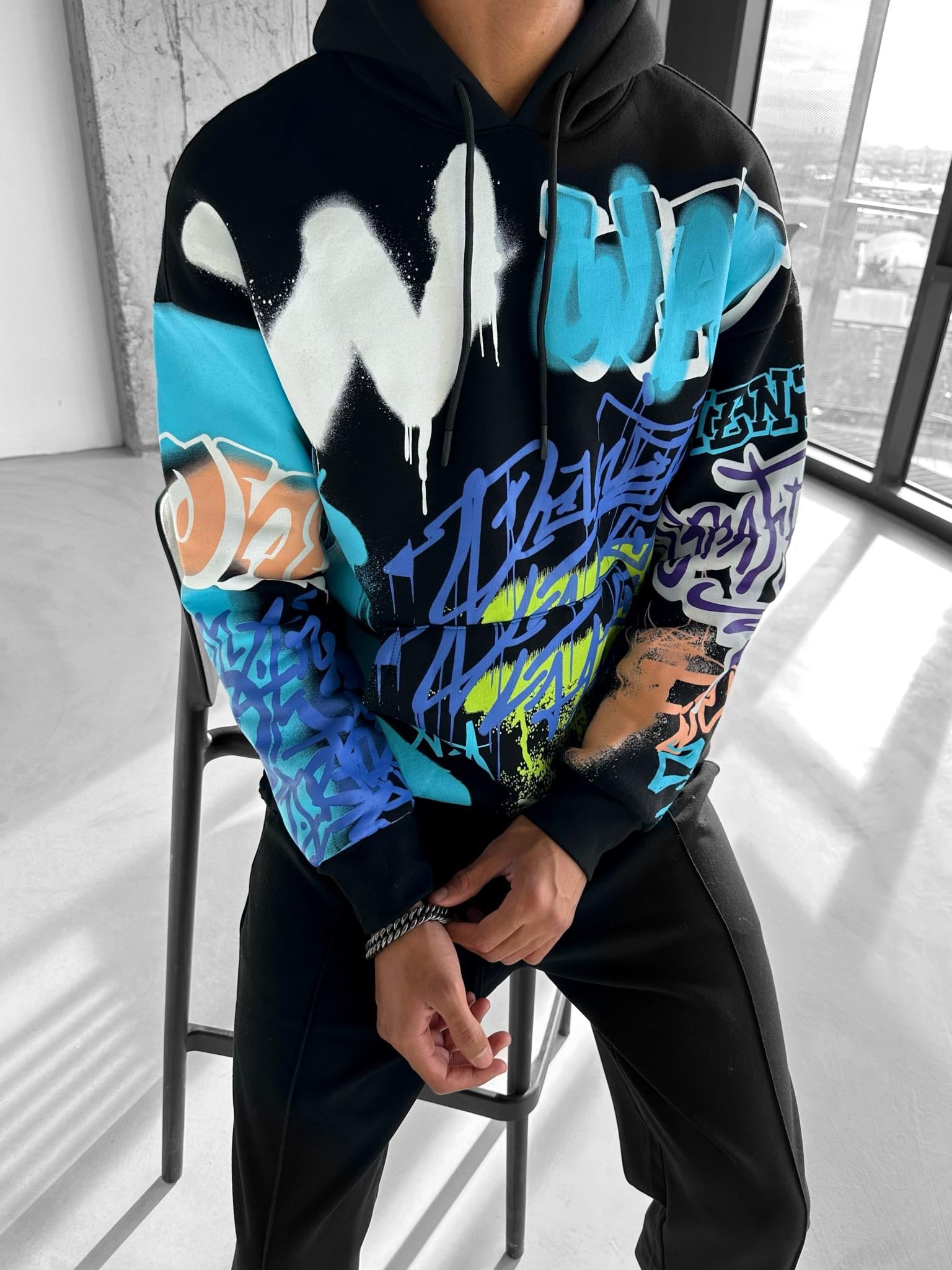 Oversize Graffiti Kapşonlu Sweatshirt Siyah