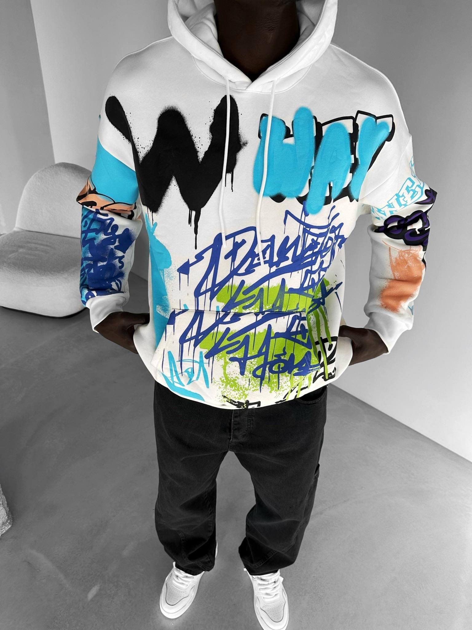 Oversize Graffiti Kapşonlu Sweatshirt Beyaz