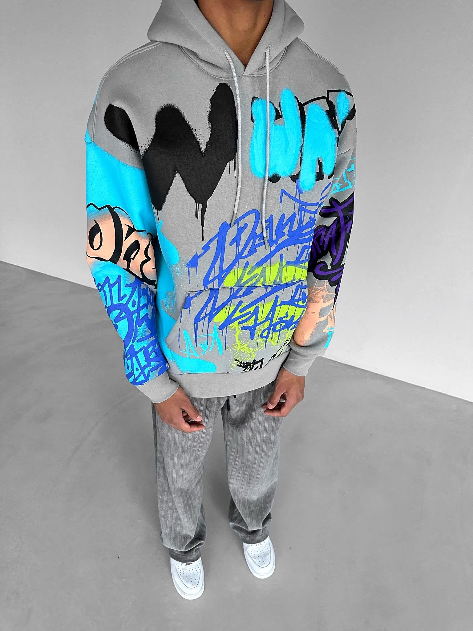 Oversize Graffiti Kapşonlu Sweatshirt Gri