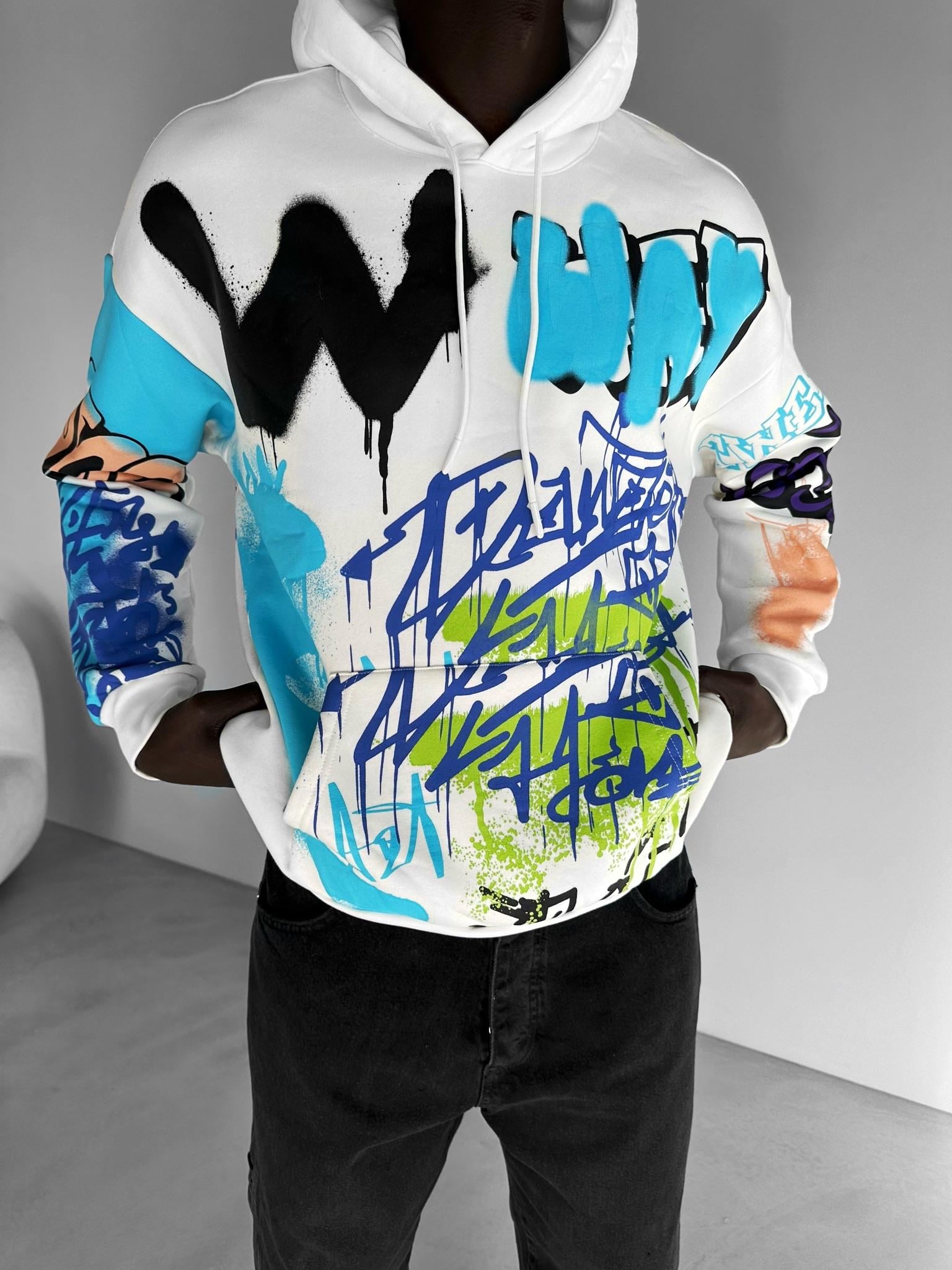 Oversize Graffiti Kapşonlu Sweatshirt Beyaz