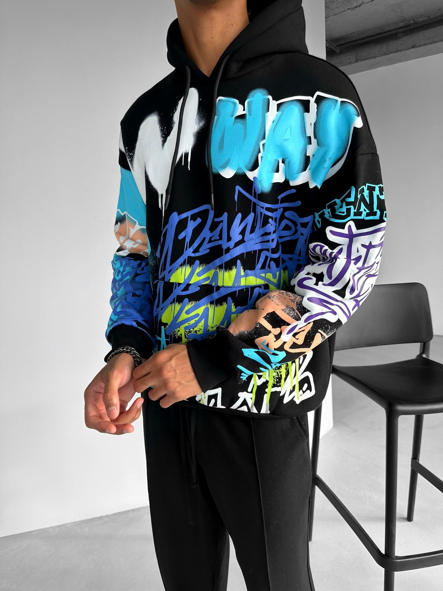 Oversize Graffiti Kapşonlu Sweatshirt Siyah