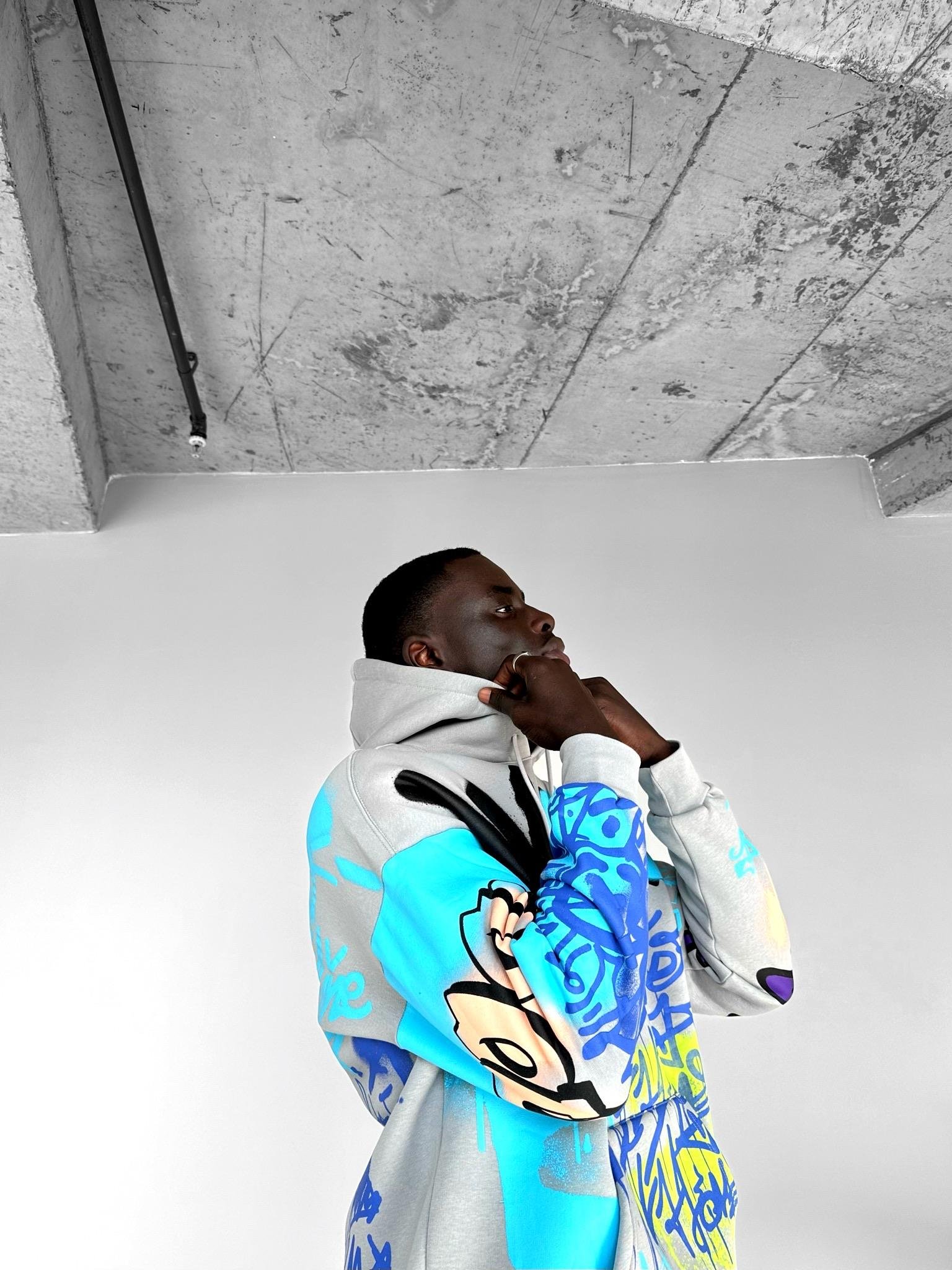 Oversize Graffiti Kapşonlu Sweatshirt Gri